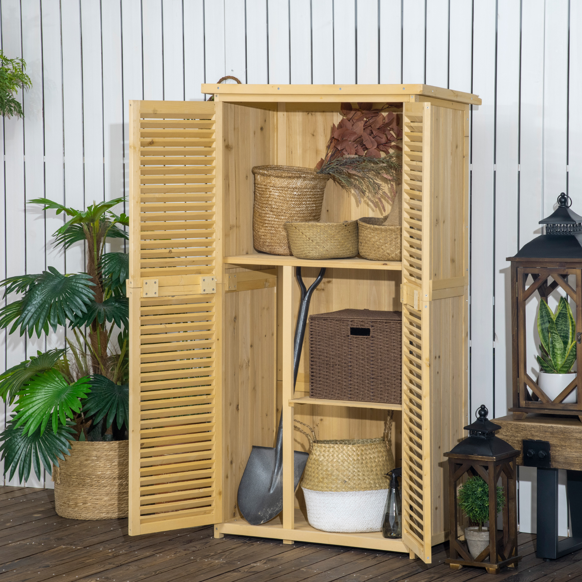 Outsunny 87 x 47 x 160cm Wooden Garden Shed, Sheds & Outdoor Storage with Asphalt Roof and 2 Lockable Doors, Natural 2