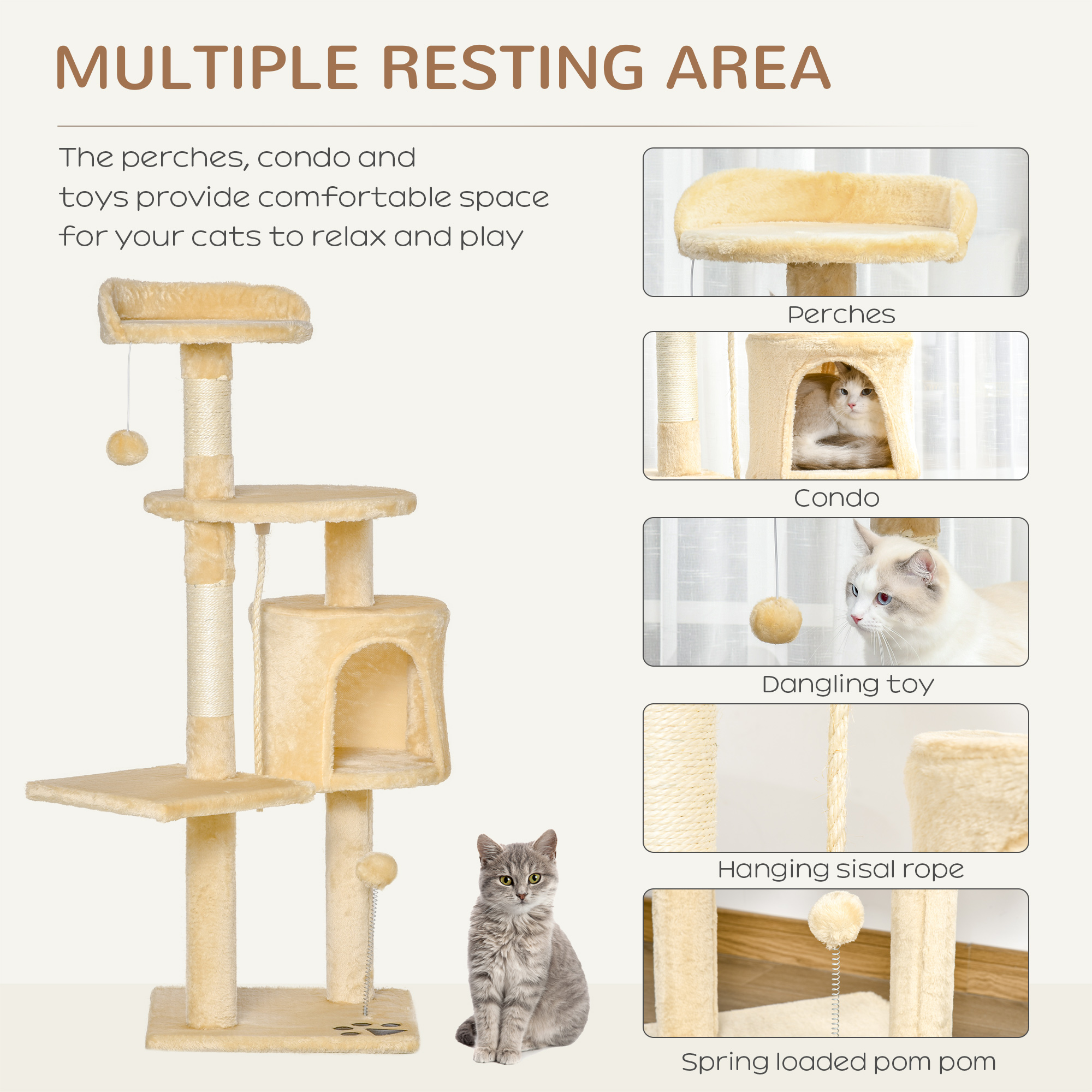 PawHut Cat Tree for Indoor Cats Pet Activity Centre Kitty Condo Climbing Scratching Post with Toys 4-tier 114cm Tall Beige 5