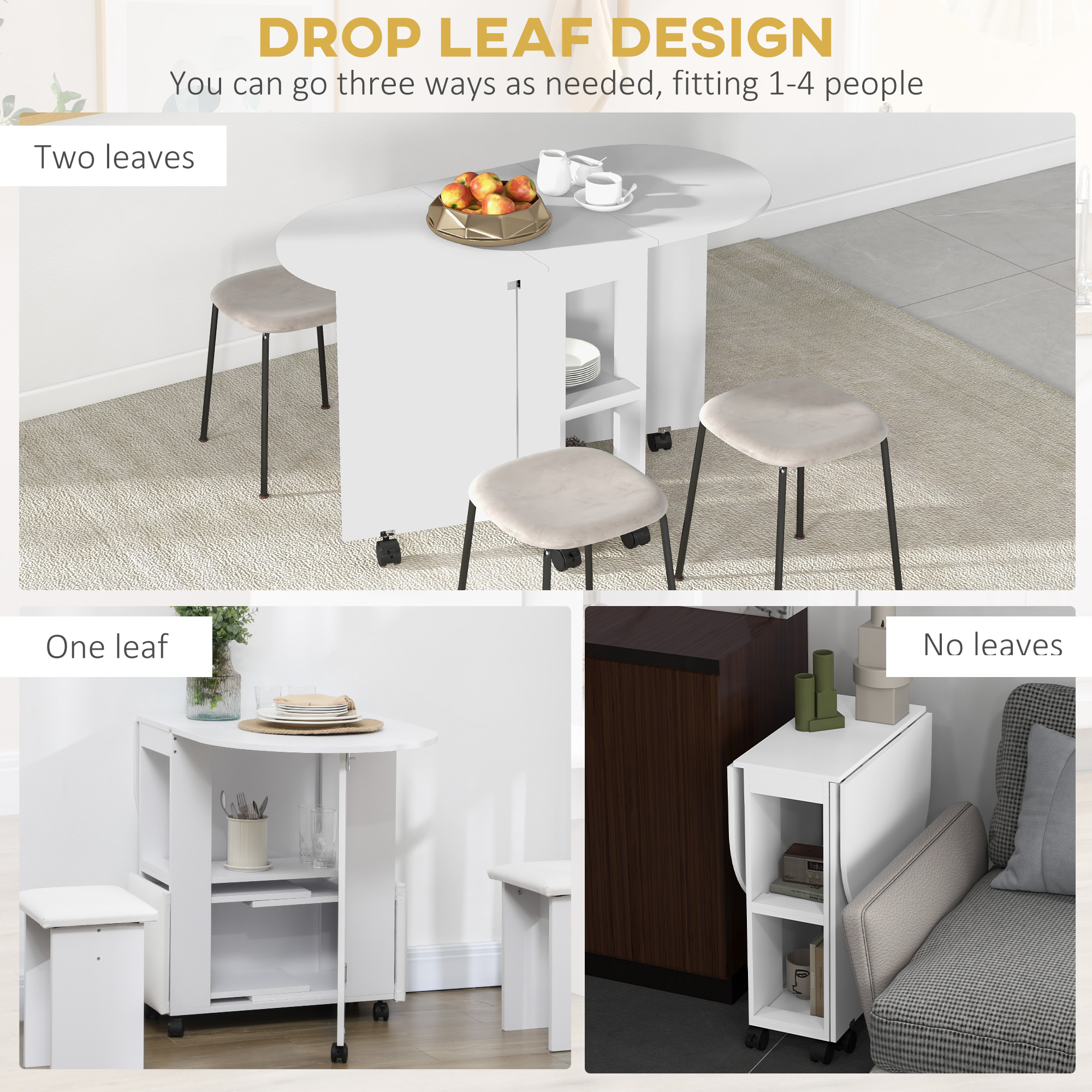 HOMCOM Four-Person Drop Leaf Dining Table, with Wheels White 4
