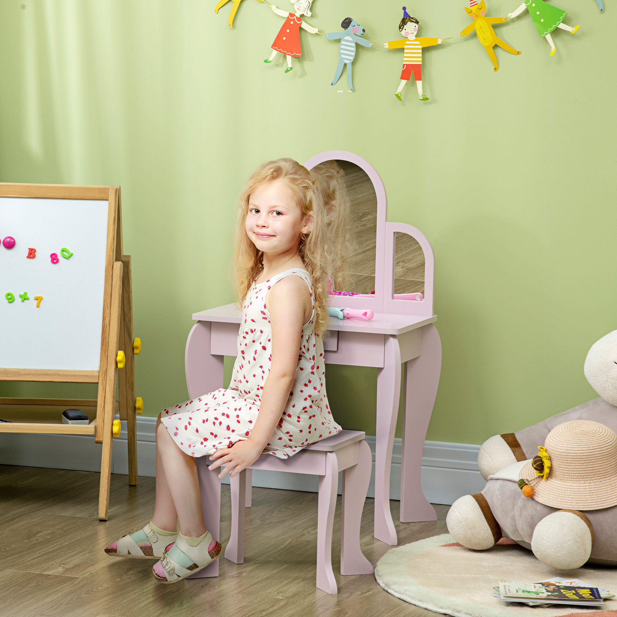 HOMCOM Kids Dressing Table Set, with Mirror and Drawer Pink 2