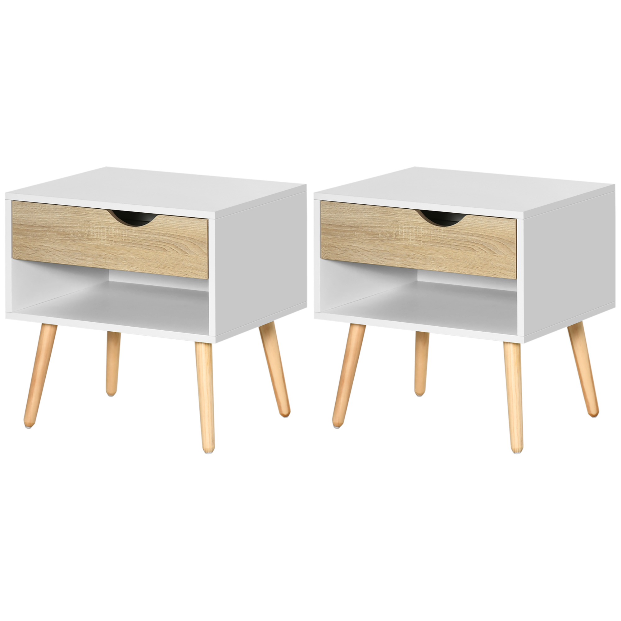 HOMCOM Set of 2 Bedside Tables with Drawer and Shelf, Modern Nightstand, End Table for Bedroom, Living Room