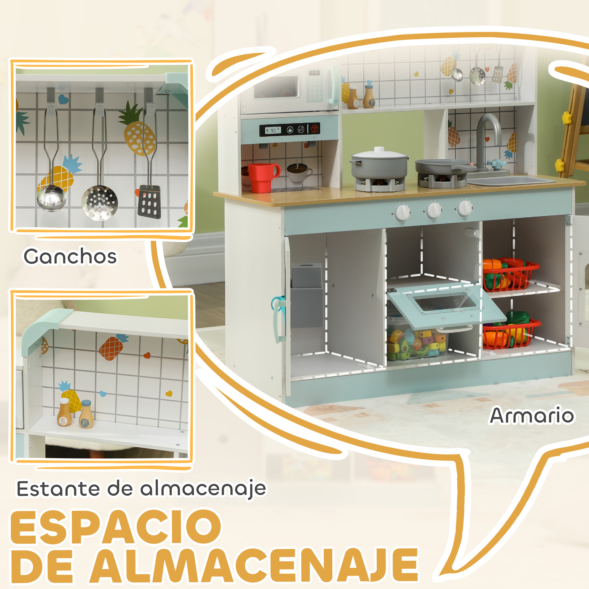 AIYAPLAY Cocina De Juguete De Madera Con Sonido Y Accesorios – Fregadero, Microondas Y Fogón, 55x24x86 Cm, Blanco