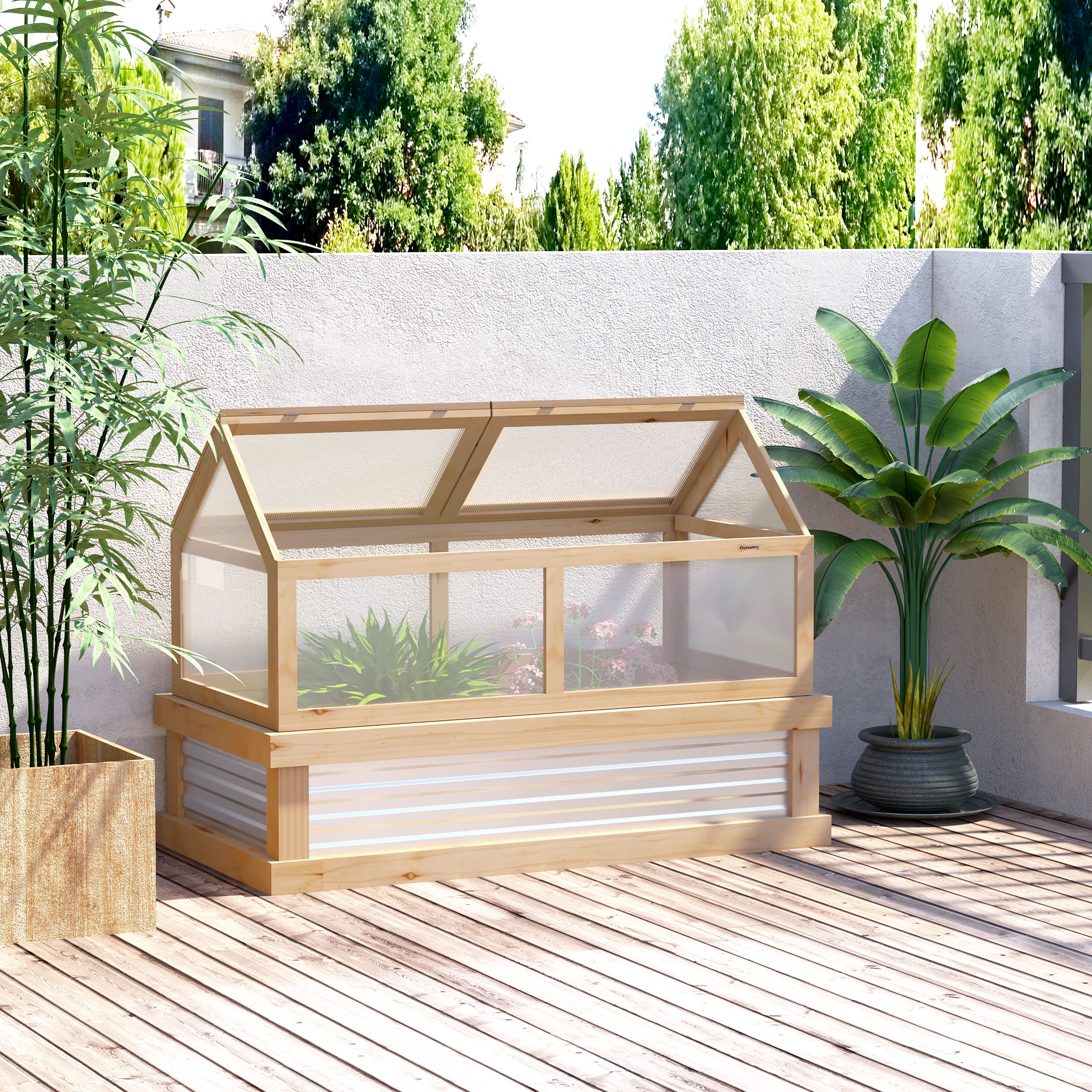 Outsunny Raised Garden Bed with Greenhouse Top, Garden Wooden Cold Frame Greenhouse Flower Planter Protection with 2 Independent Roofs, 122x 61 x 82cm, Natural 2