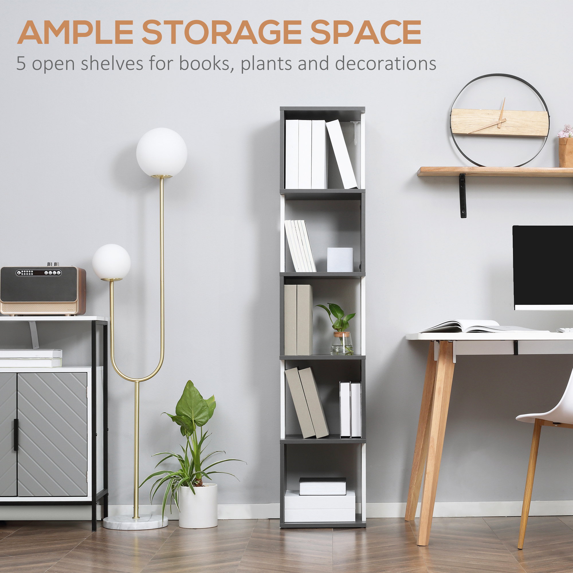 HOMCOM Modern 5-Tier Bookshelf, Freestanding Bookcase Storage Shelving for Living Room Home Office Study, White and Dark Grey 5