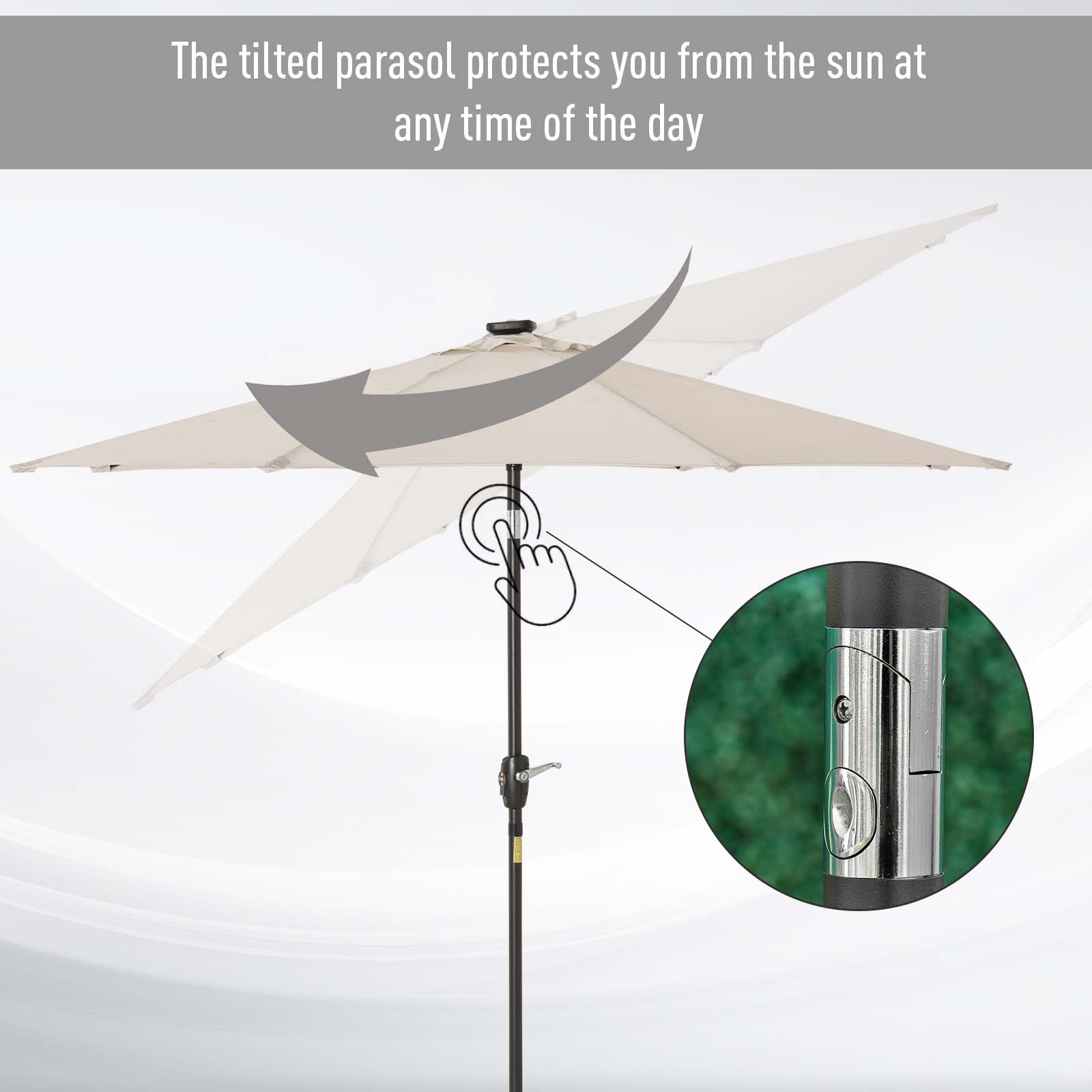 Outsunny Φ2.7m Garden 24 LED Light Parasol Solar Outdoor Tilt Sun Umbrella Patio Club Party Event Manual Sun Shade w/ Hand Crank and 8 Ribs, Off-white 6