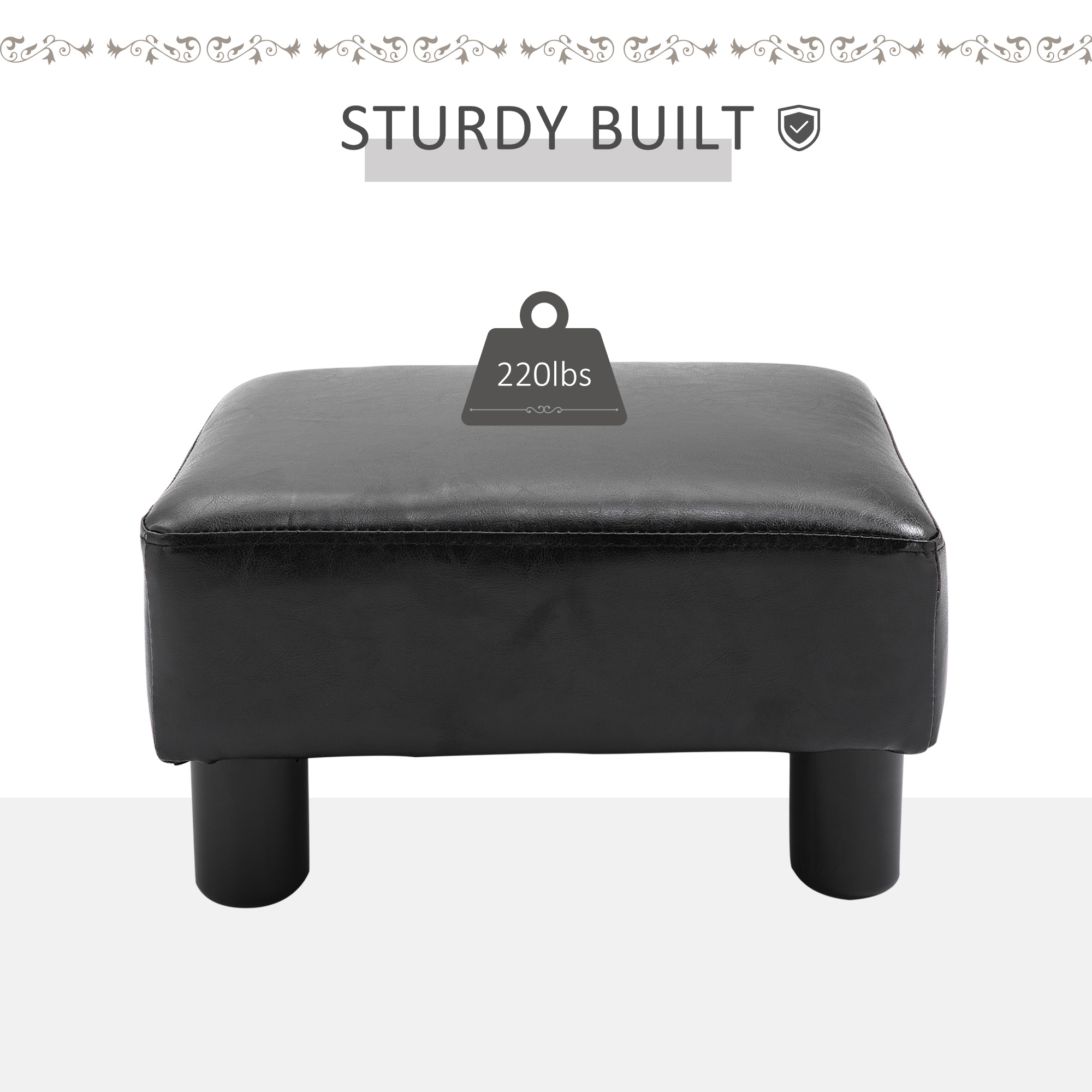HOMCOM Faux Leather Footstool, Small Foot Rest, Rectangle Sofa Stool for Bedroom Living Room, Black 4