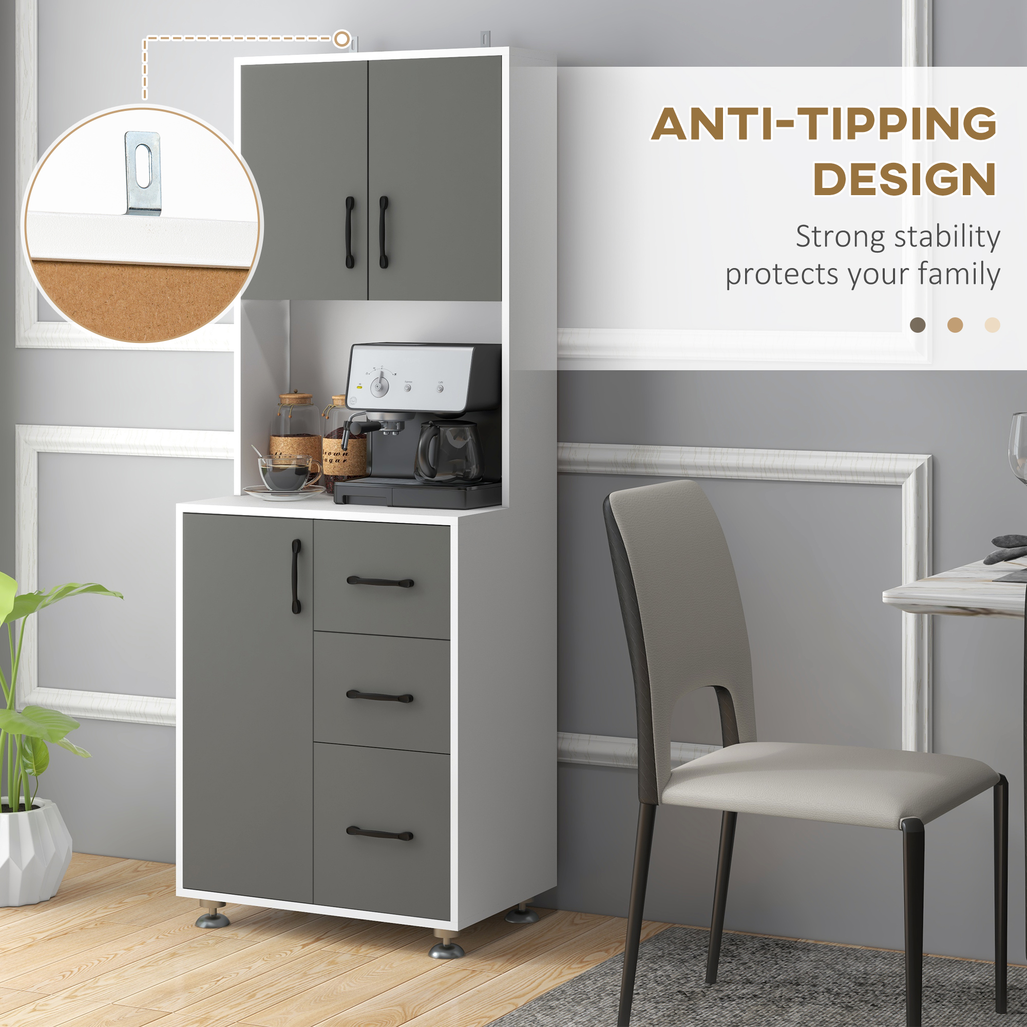HOMCOM Modern Kitchen Cupboard with Storage Cabinets, 3 Drawers and Open Countertop for Living Room, Grey 7
