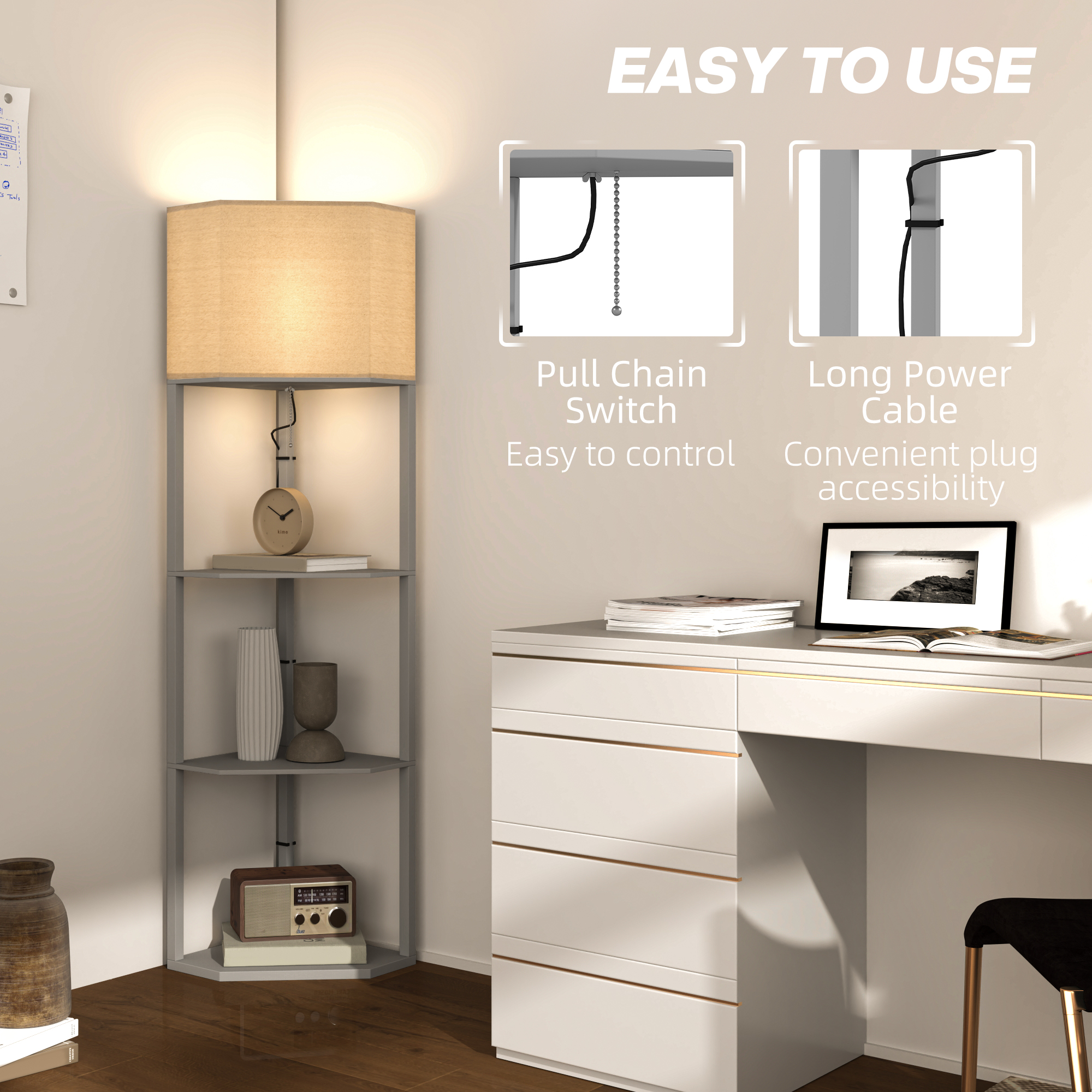 HOMCOM Corner Floor Lamp with Shelves, Tall Standing Lamps for Living Room, with Pull Chain Switch Bulb not Included, Grey 6