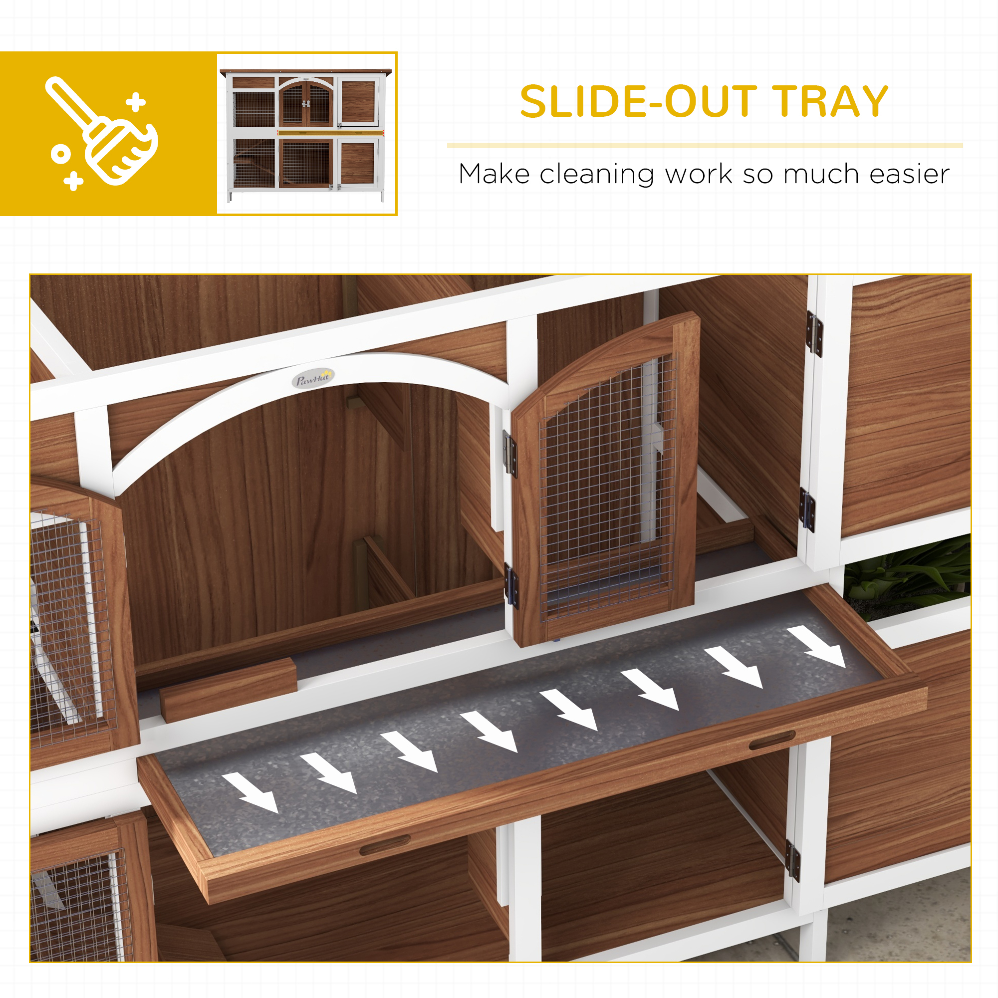 PawHut Two-Tier Wooden Pet Hutch with Openable Roof, Slide-Out Tray 6