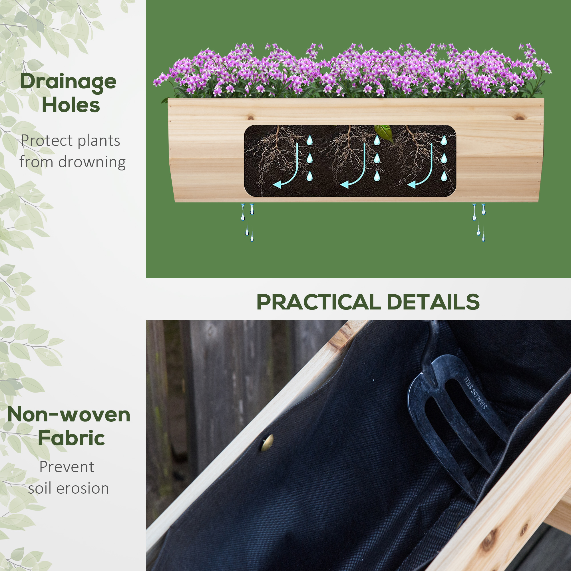 Outsunny 68cm x 57.5cm x 80.5cm 51L Wood Raised Garden Bed, Outdoor Planter Box with Stand, Nonwoven Fabric for Vegetables, Herbs, Flowers, Natural 5