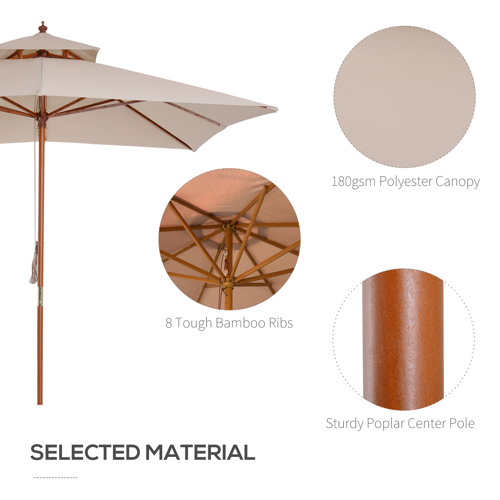 Outsunny 3 x 3 metre Patio Parasol Garden Umbrellas Sunshade Outdoor Wooden Parasol Canopy Double Tier, Beige, BASE NOT INCLUDED 4