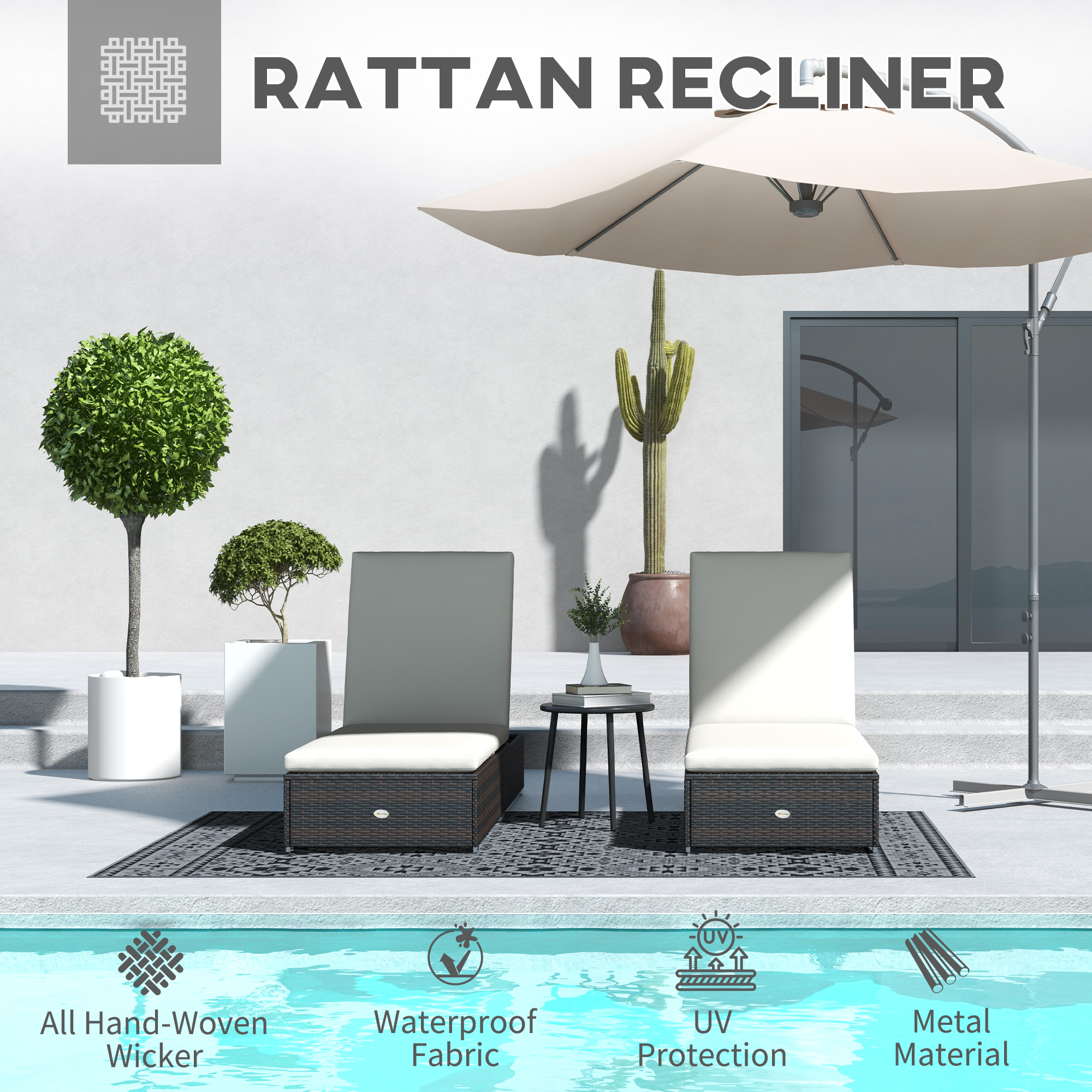 Outsunny Set of Two Rattan Sun Loungers, with Reclining Backs Brown/Cream 4