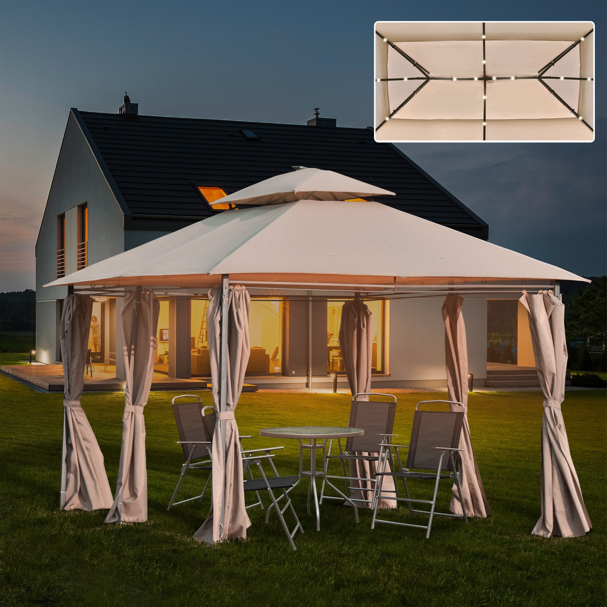 Outsunny 4 x 3(m) Outdoor Gazebo Canopy Party Tent Garden Pavilion Patio Shelter w/ LED Solar Light, Double Tier Roof, Curtains, Steel Frame, Khaki 2