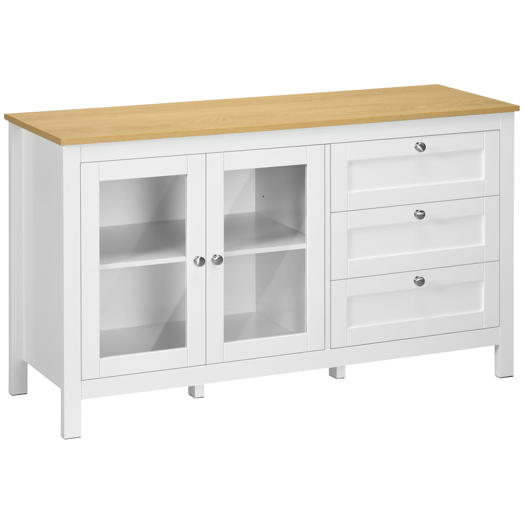 HOMCOM Aparador Salón Mueble Lateral Pequeño para Salón Comedor 2 Puertas Vidrio 3 Cajones Estante Ajustable 120x40x70 cm Blanco | Aosom España