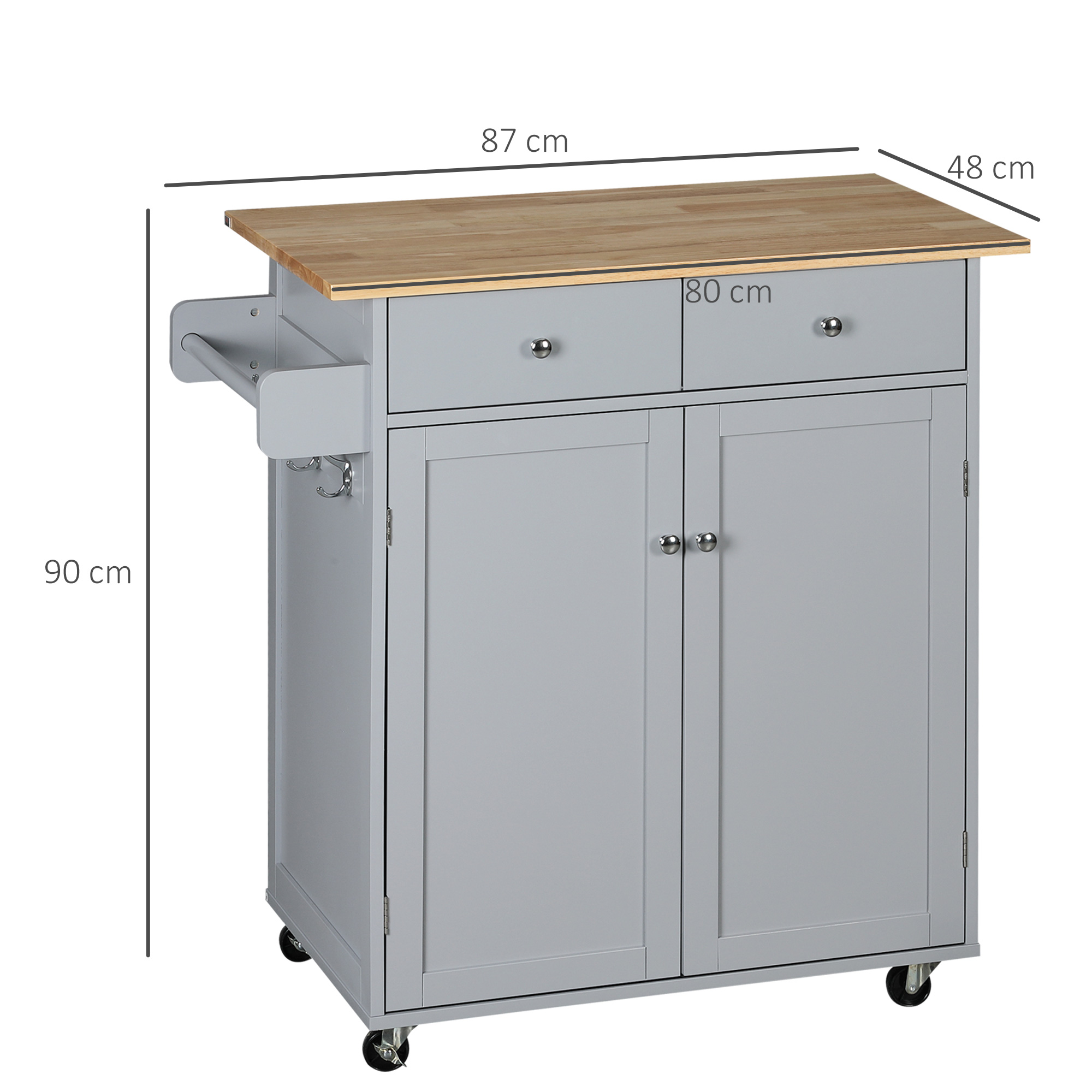 HOMCOM Rolling Kitchen Island on Wheels, Utility Serving Cart with Rubber Wood Top, Towel Rack, Hooks and Storage Drawers, Grey 3