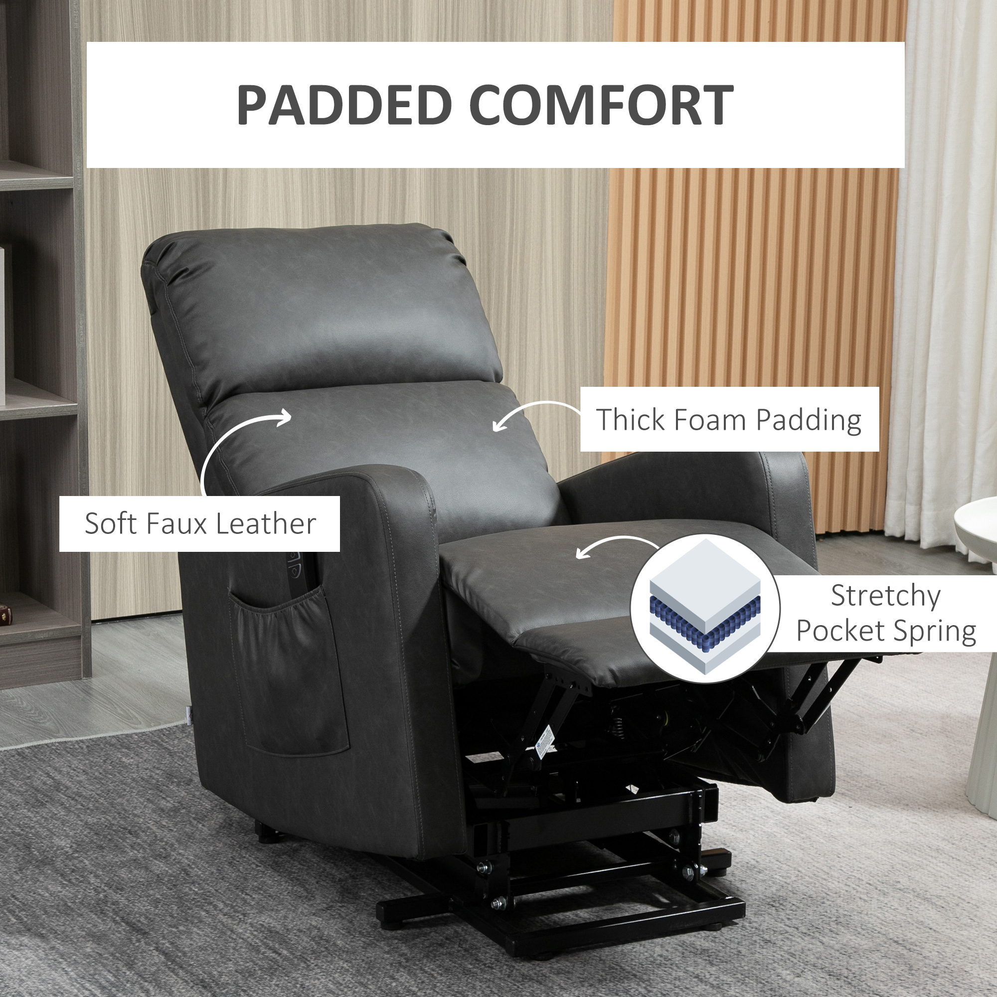 HOMCOM Riser and Recliner Chair for the Elderly, PU Leather Upholstered Lift Chair for Living Room with Remote Control, Side Pockets, Charcoal Grey 7