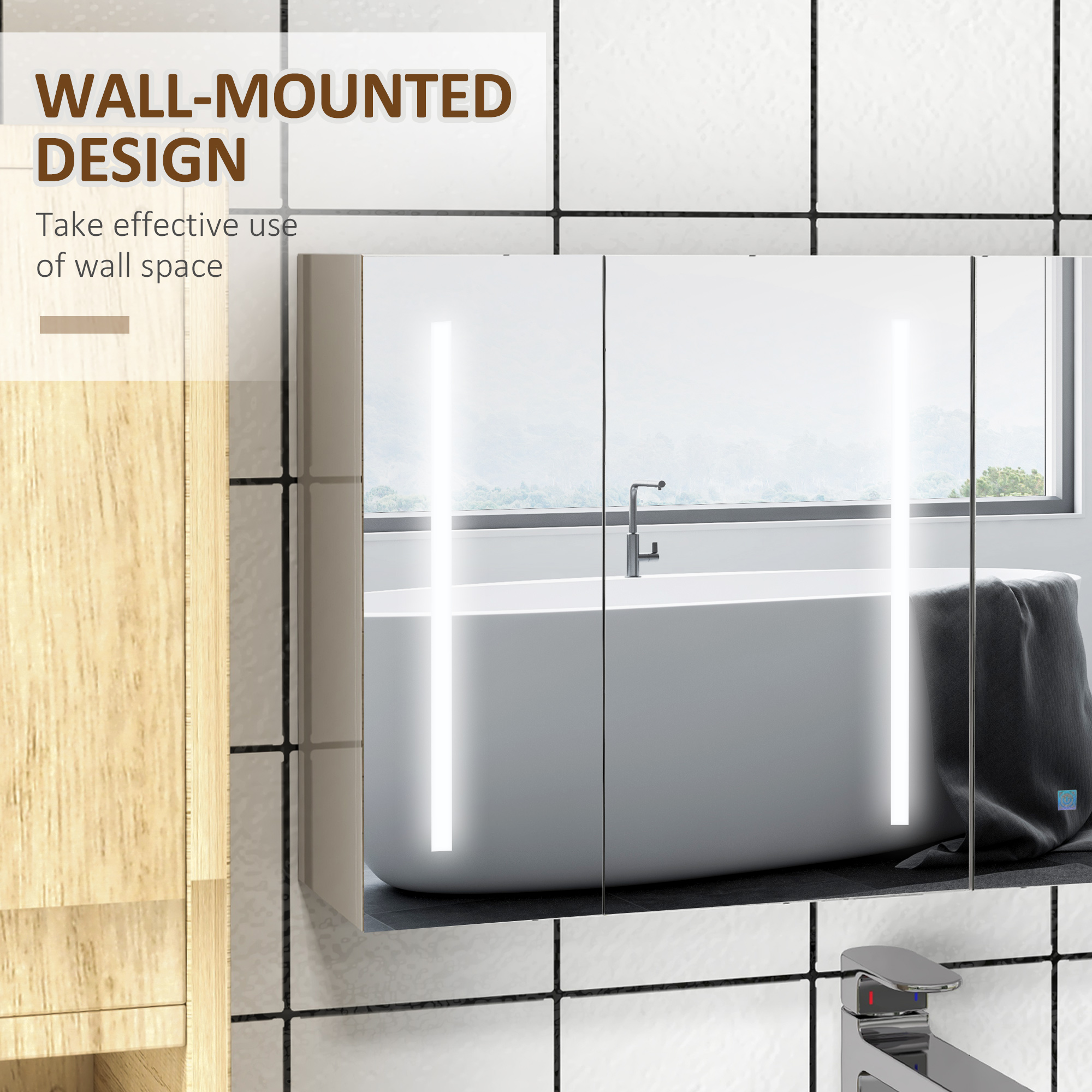 kleankin Bathroom Mirror Cabinet with Light, Bathroom Storage Cupboard with USB Charge, Adjustable Shelf, 90x15x70cm, White 5