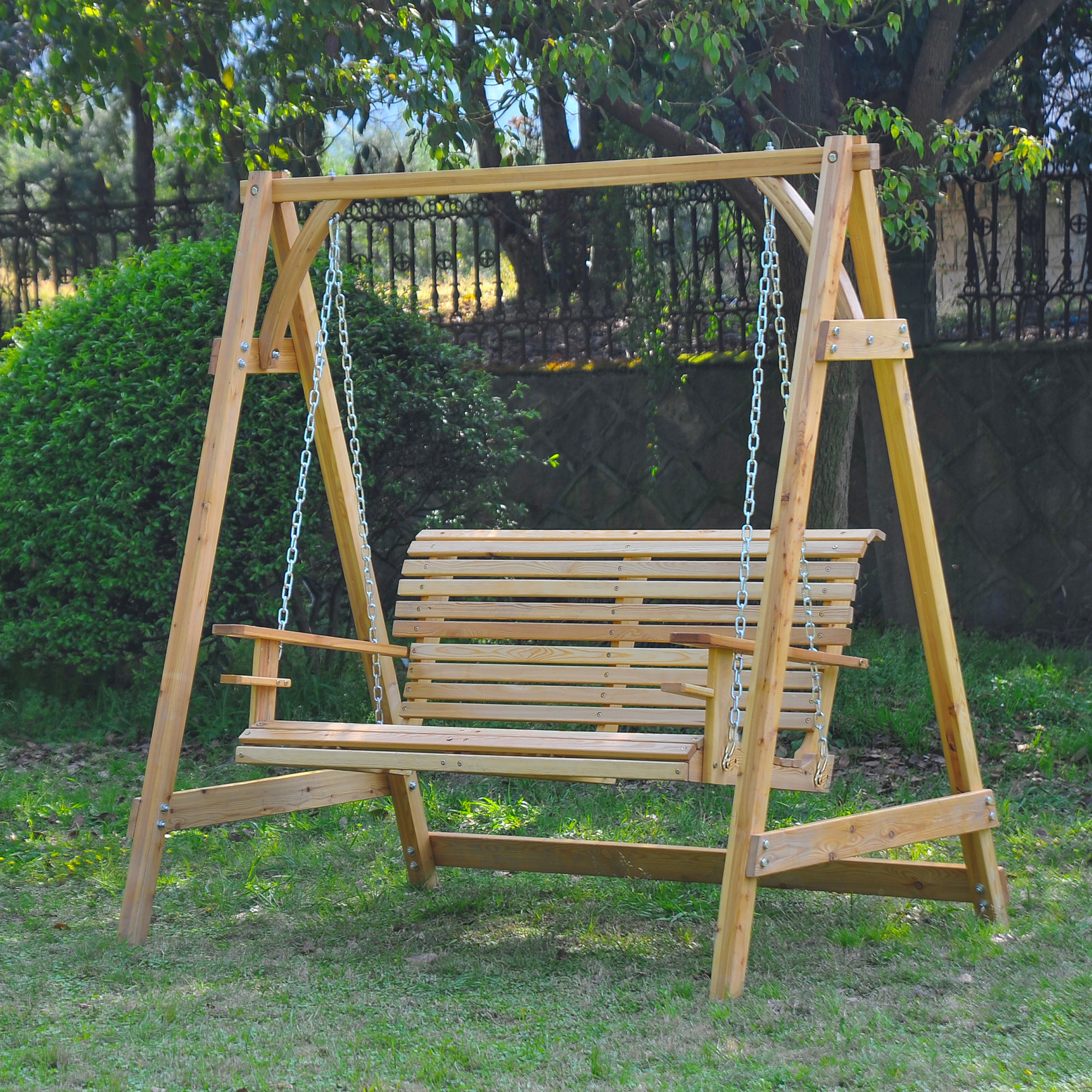 Outsunny 2 Seater Garden Swing Seat, Wooden Swing Chair Bench with Cup Holders for Outdoor Porch Patio, Natural 2