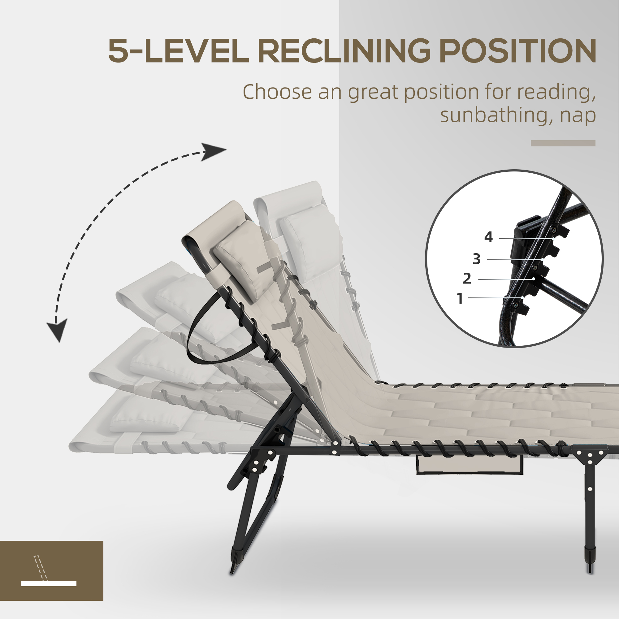 Outsunny Set of Two Sun Loungers, with Five-Position Reclining Backs Khaki 6