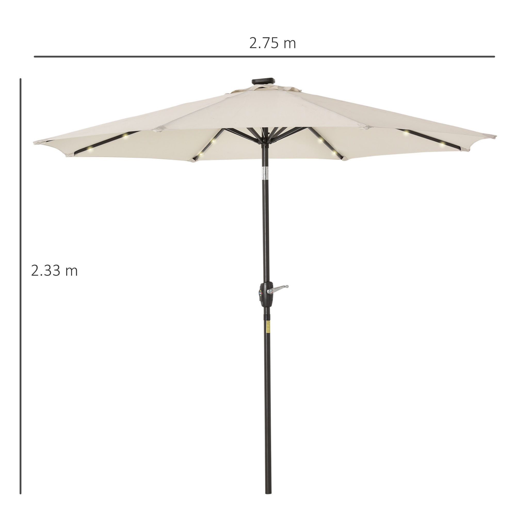 Outsunny Φ2.7m Garden 24 LED Light Parasol Solar Outdoor Tilt Sun Umbrella Patio Club Party Event Manual Sun Shade w/ Hand Crank and 8 Ribs, Off-white 3