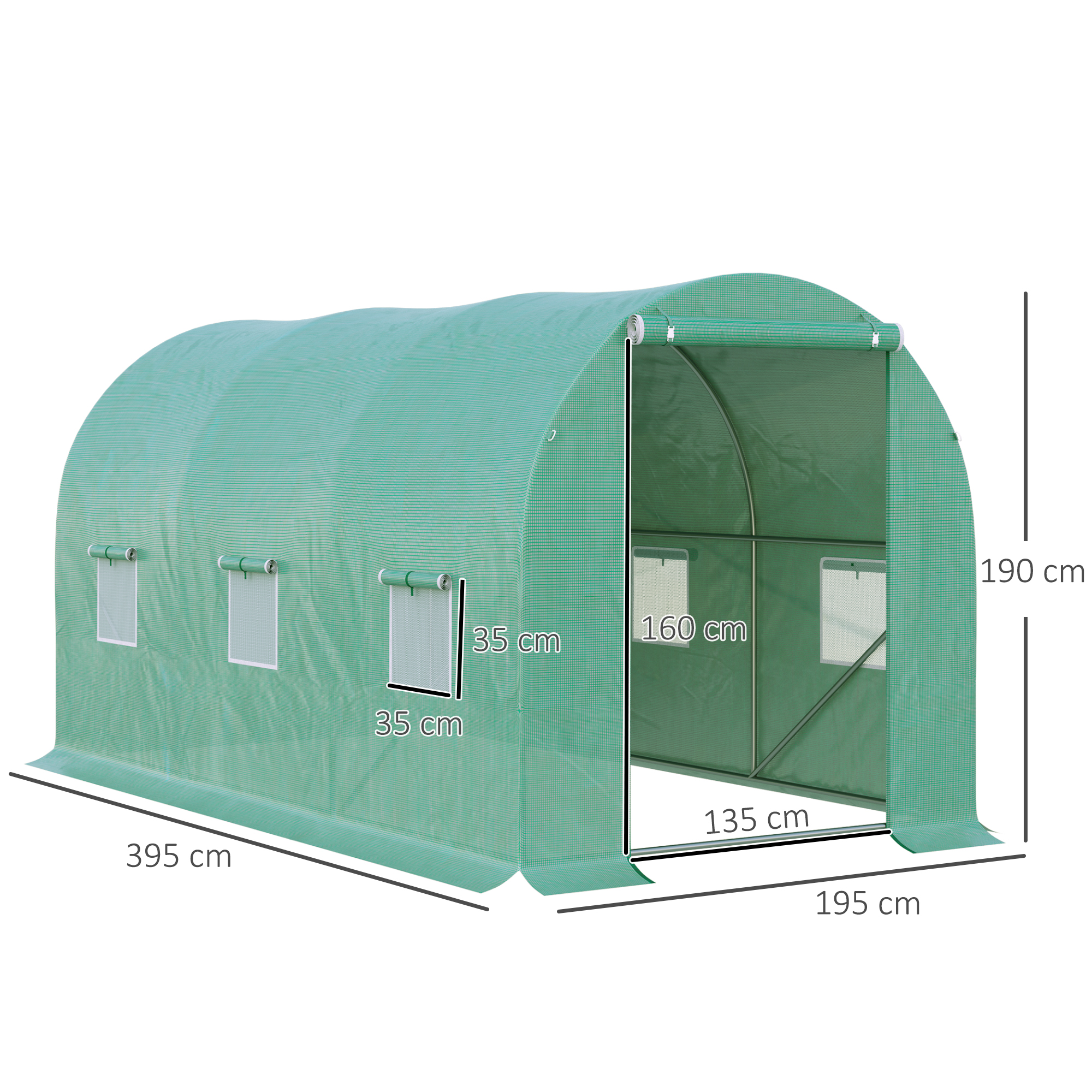 Outsunny 4 x 2 x 2 m Polytunnel Greenhouse with Roll-up Door and 6 Mesh Windows, Walk-in Garden Tunnel Warm House Tent with UV-resistant PE Cover and Galvanised Steel Frame, Green 3