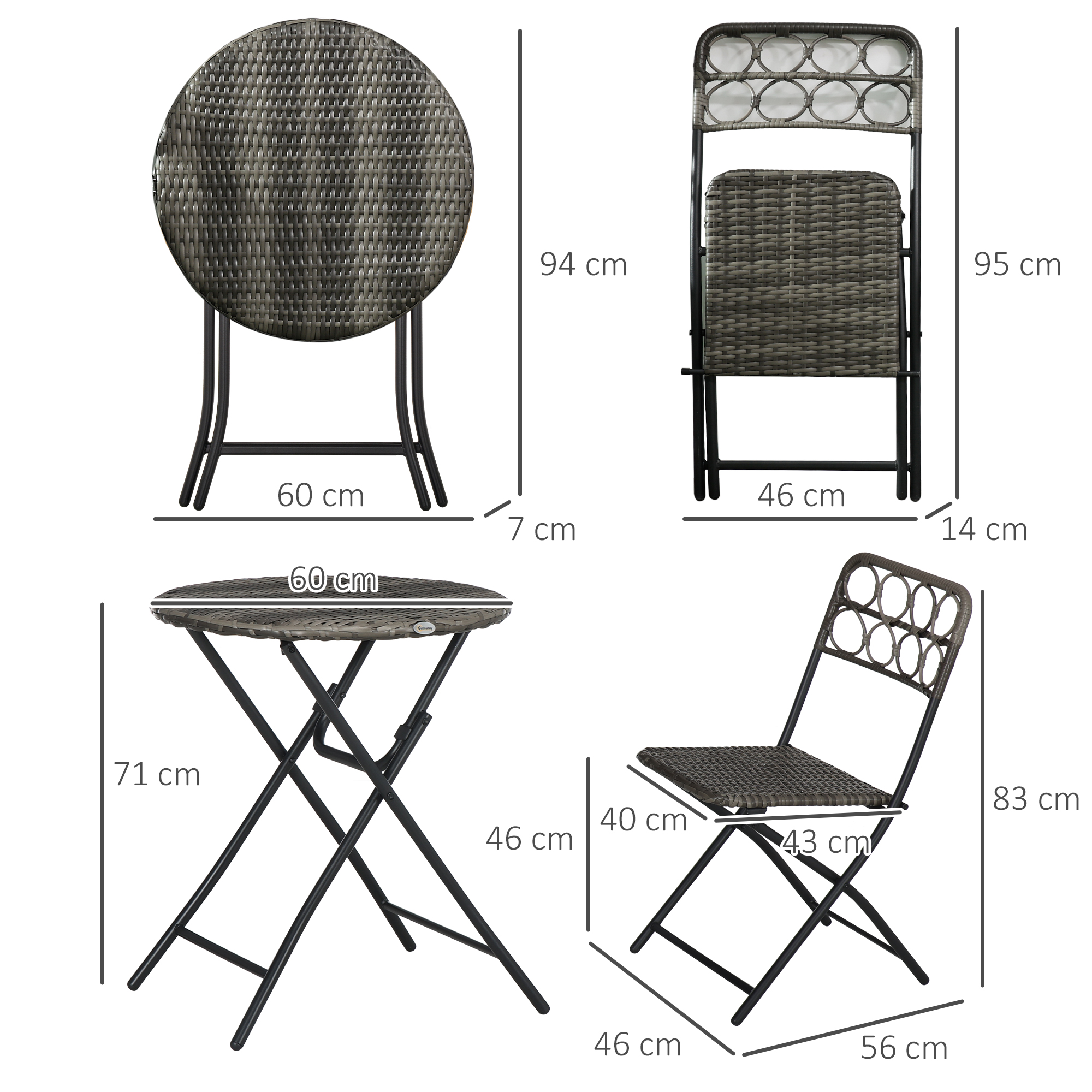 Outsunny 3 Pieces Rattan Bistro Set, Wicker Folding Garden Furniture Set with Coffee Table and Chairs for Outdoor, Patio, Balcony, Grey 3