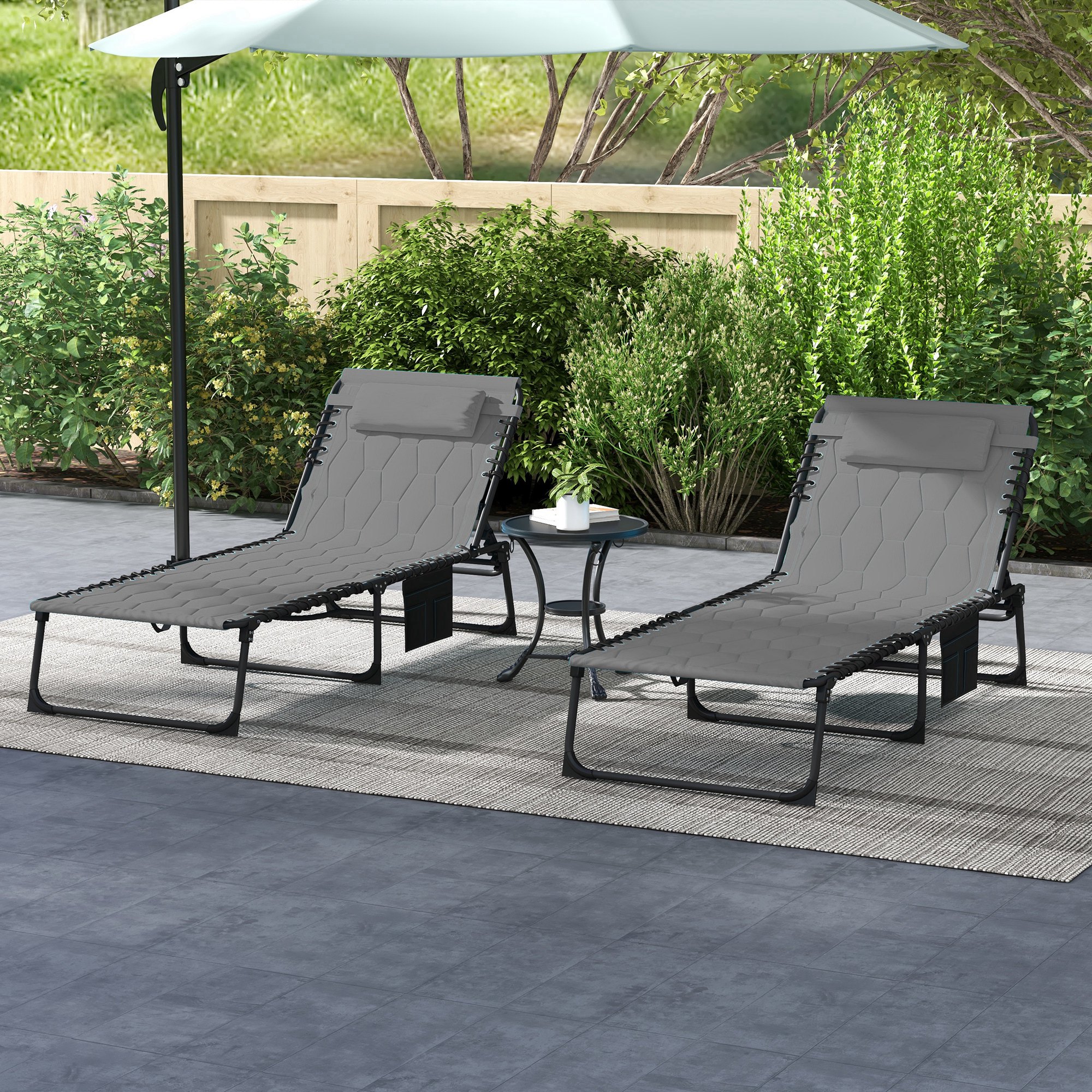 Outsunny Set of Two Sun Loungers, with Five-Position Reclining Backs Grey 2