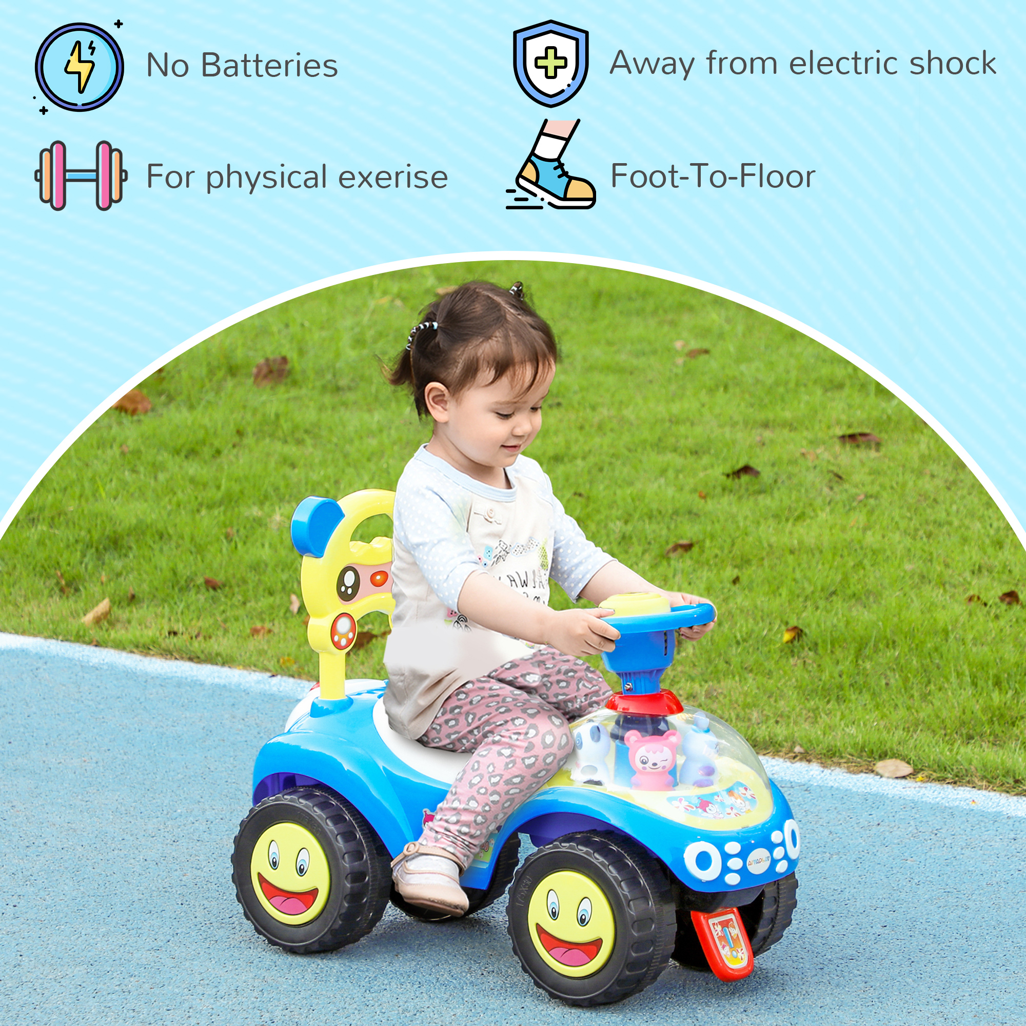 AIYAPLAY Foot to Floor oddler Ride on Toy w/ Music, Light, Horn, Under Seat Storage, Anti-Over-Backwards Device, Blue 7