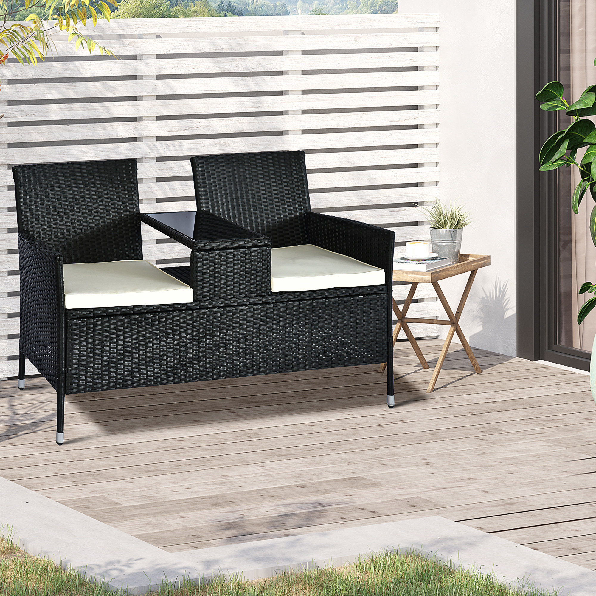 Outsunny 2 Seater Rattan Campanion Chair Wicker Loveseat Outdoor Patio Armchair with Drink Table Garden Furniture Black 2