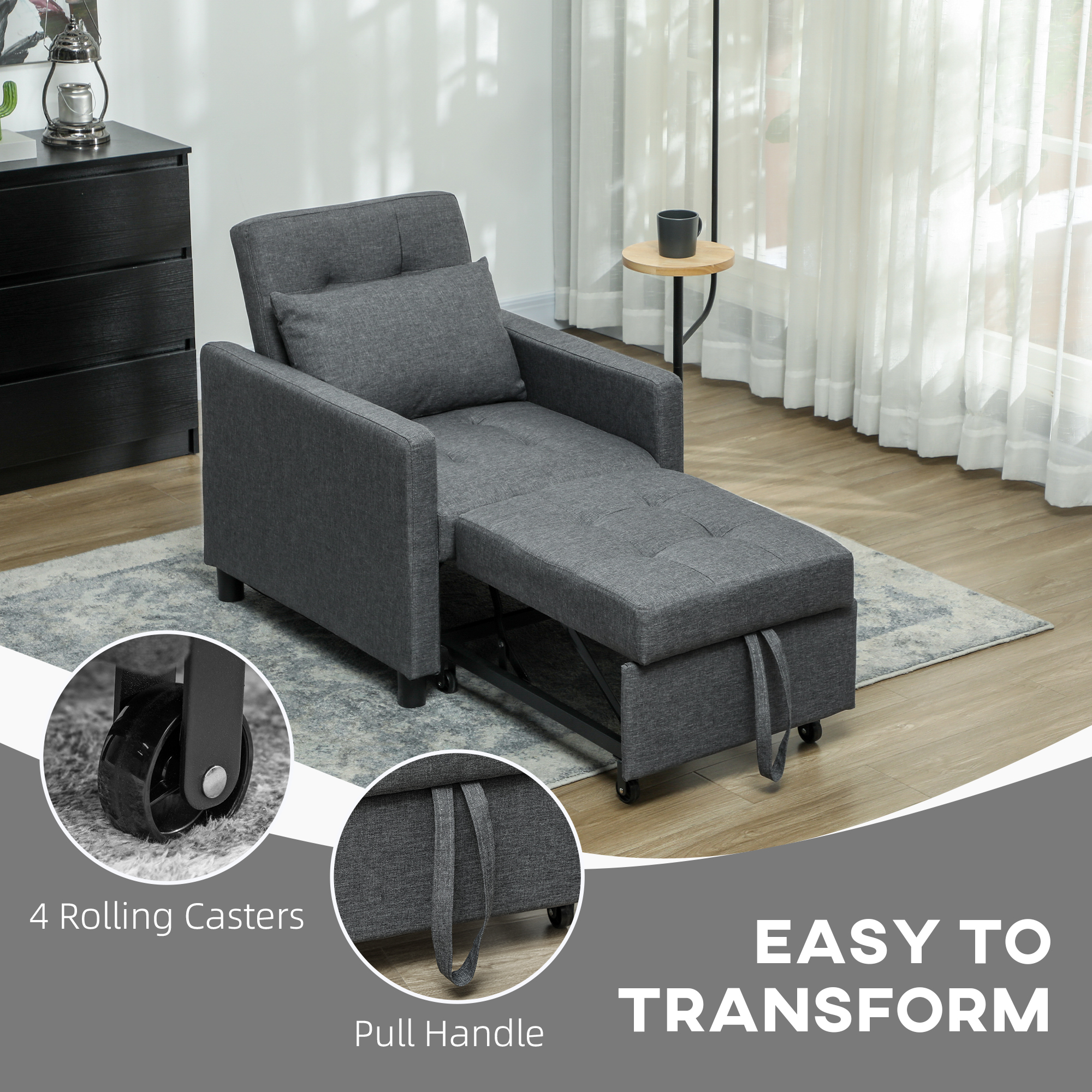 HOMCOM 3-In-1 Chair Bed, Convertible Sleeper Chair with Adjustable Backrest, Pillow and Footrest for Living Room, Dark Grey 6