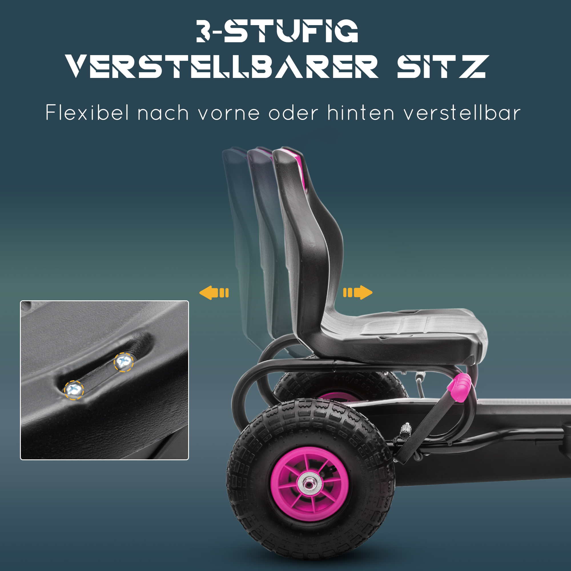 Laste gokart, pedaalidega, reguleeritava istmega, sise- ja välistingimustes kasutamiseks, alates 5. eluaastast, roosa+must, 117 x 58 x 61 cm