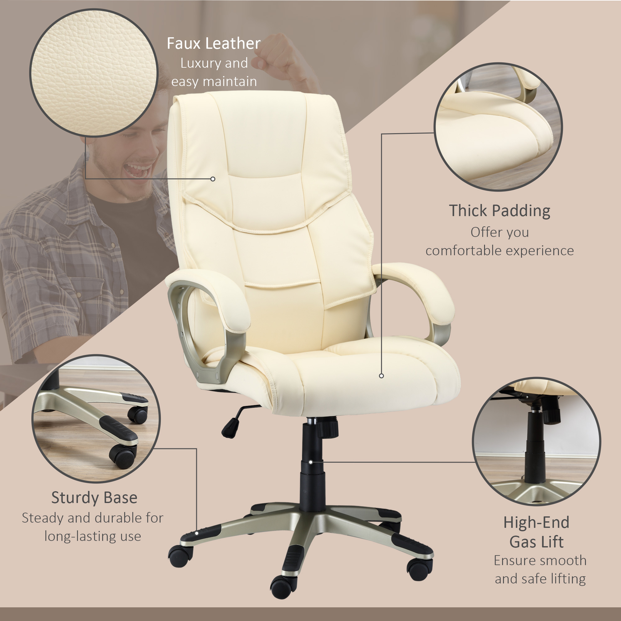HOMCOM Home Office Chair High Back Computer Desk Chair with Faux Leather Adjustable Height Rocking Function Cream White 7