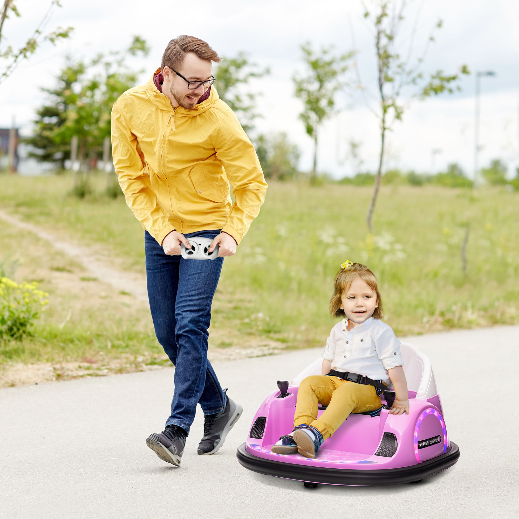 AIYAPLAY 360° Rotation Kids Bumper Car, 12V Waltz Car with Remote Control, Dual Joystick, Music, Lights, Pink 2