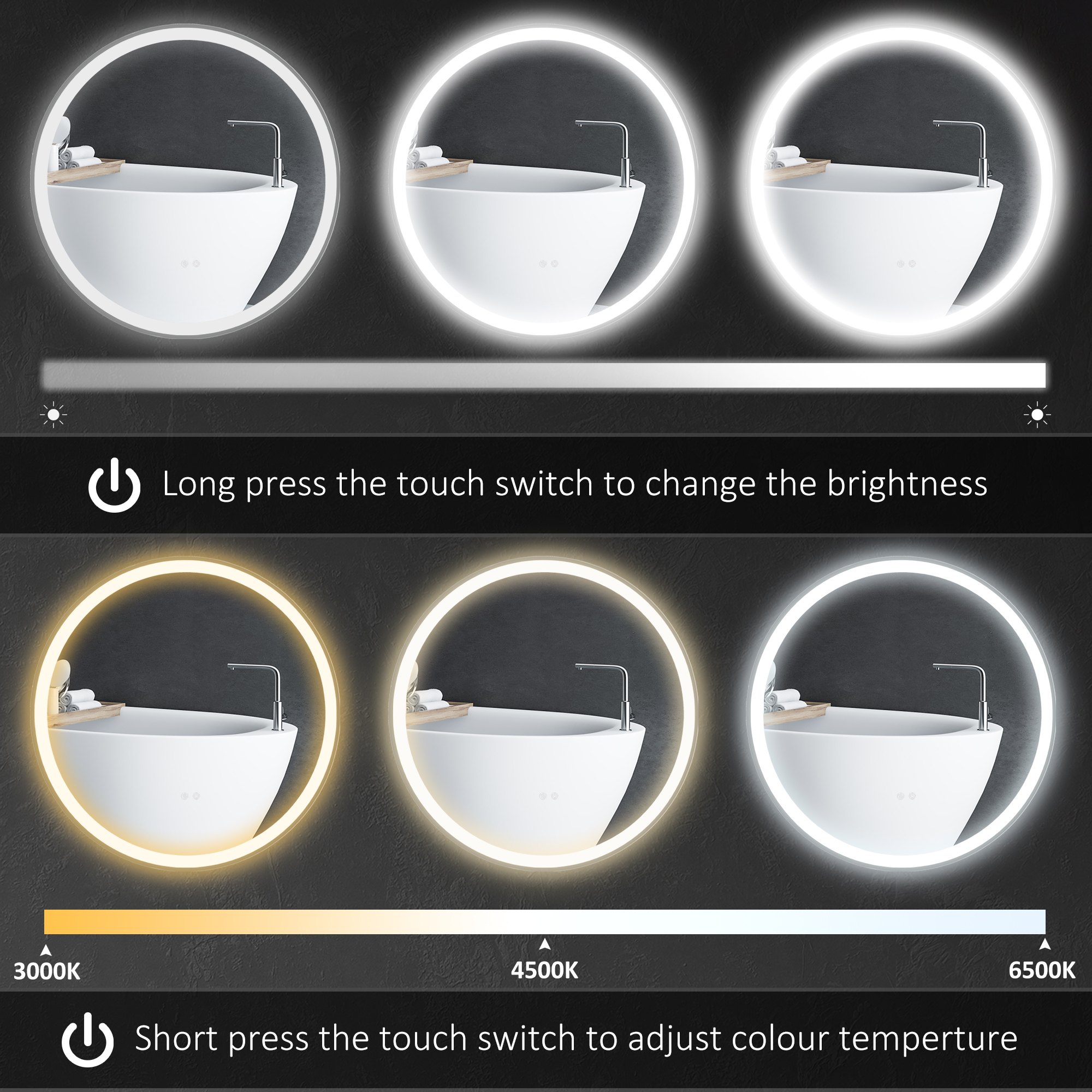 kleankin Round Bathroom Mirror with LED Lights, Wall Mount Dimmable Makeup Mirror with 3 Temperature Colours, Defogging Film and Memory Function, Frameless, Hardwired, 70 x 70 cm 5