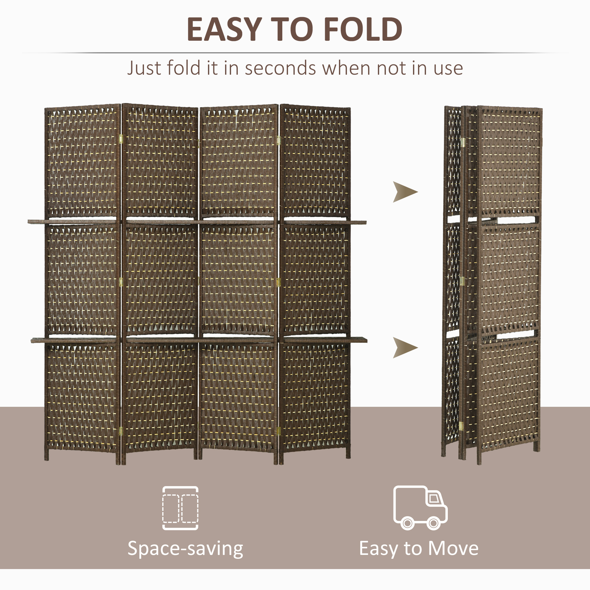 HOMCOM 4-Panel Room Dividers with Shelves, Wave Fibre Freestanding Folding Privacy Screen Panels, Partition Wall Divider for Indoor Bedroom Office, 180 cm, Brown 4