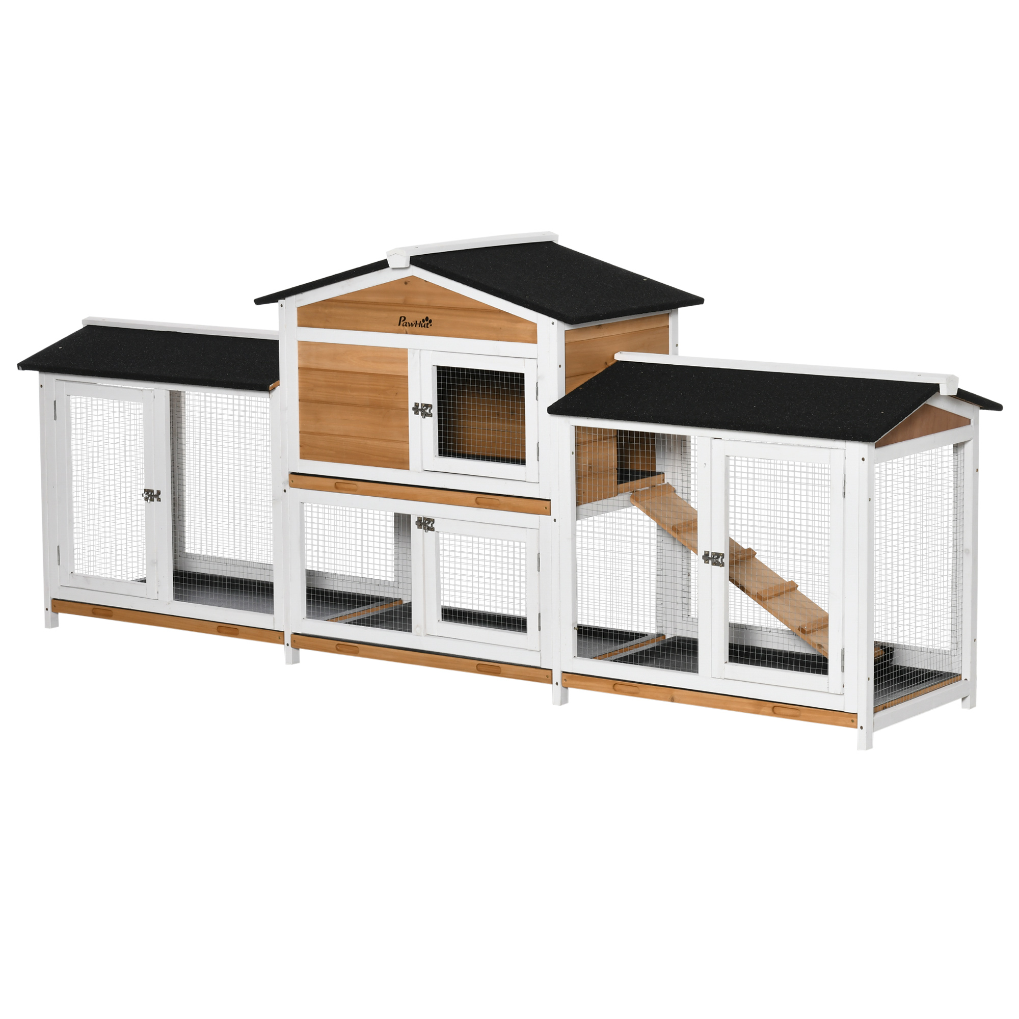 PawHut Rabbit Hutch Outdoor, 2-Tier Guinea Pig Hutch, Wooden Small Animal House with Rabbit Run Box, Slide-out Tray, Ramp, 175.8 x 52 x 85.5 cm, White