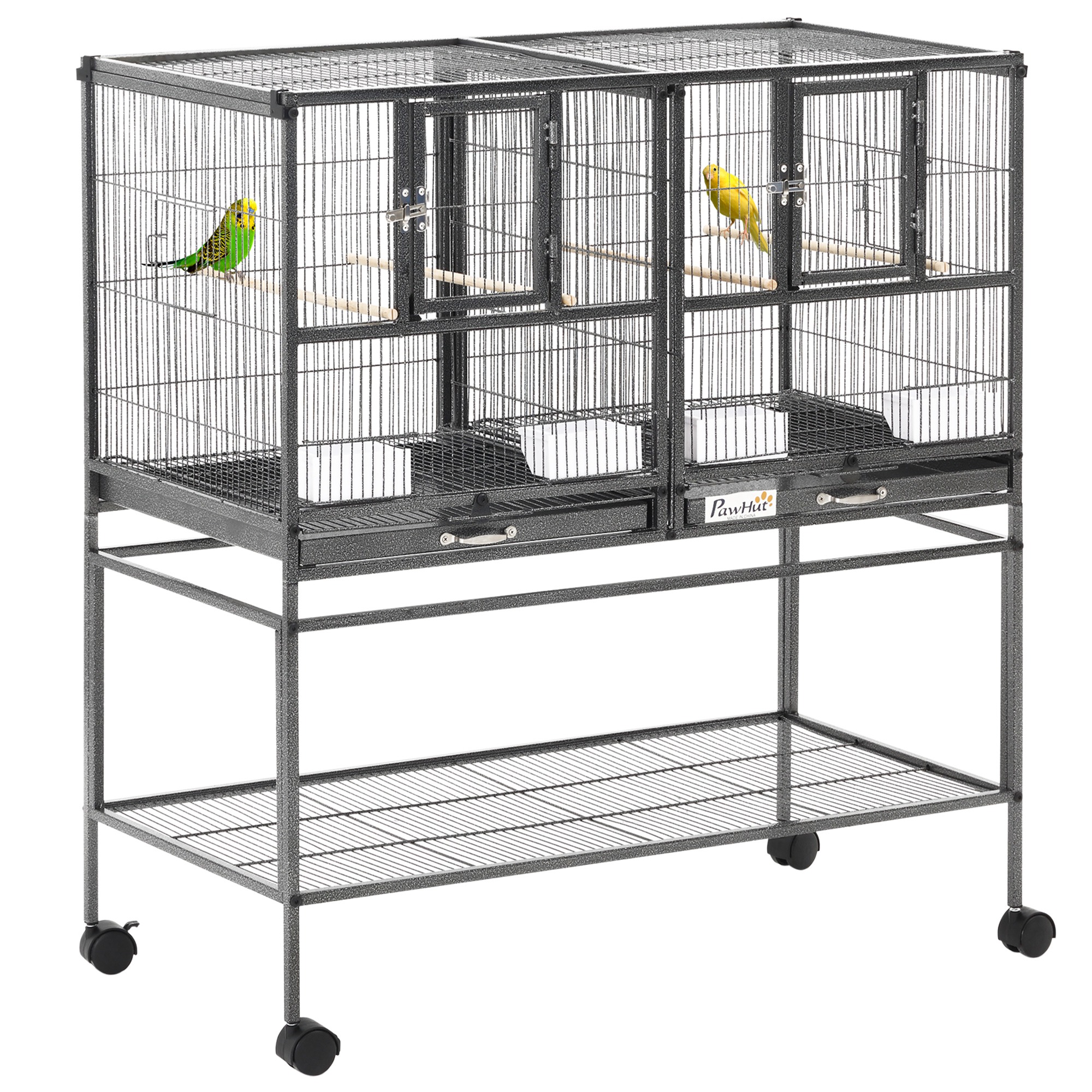 PawHut Wooden Outdoor Bird Cage, for Finches and Canaries, with Removable Tray, Asphalt Roof - Grey