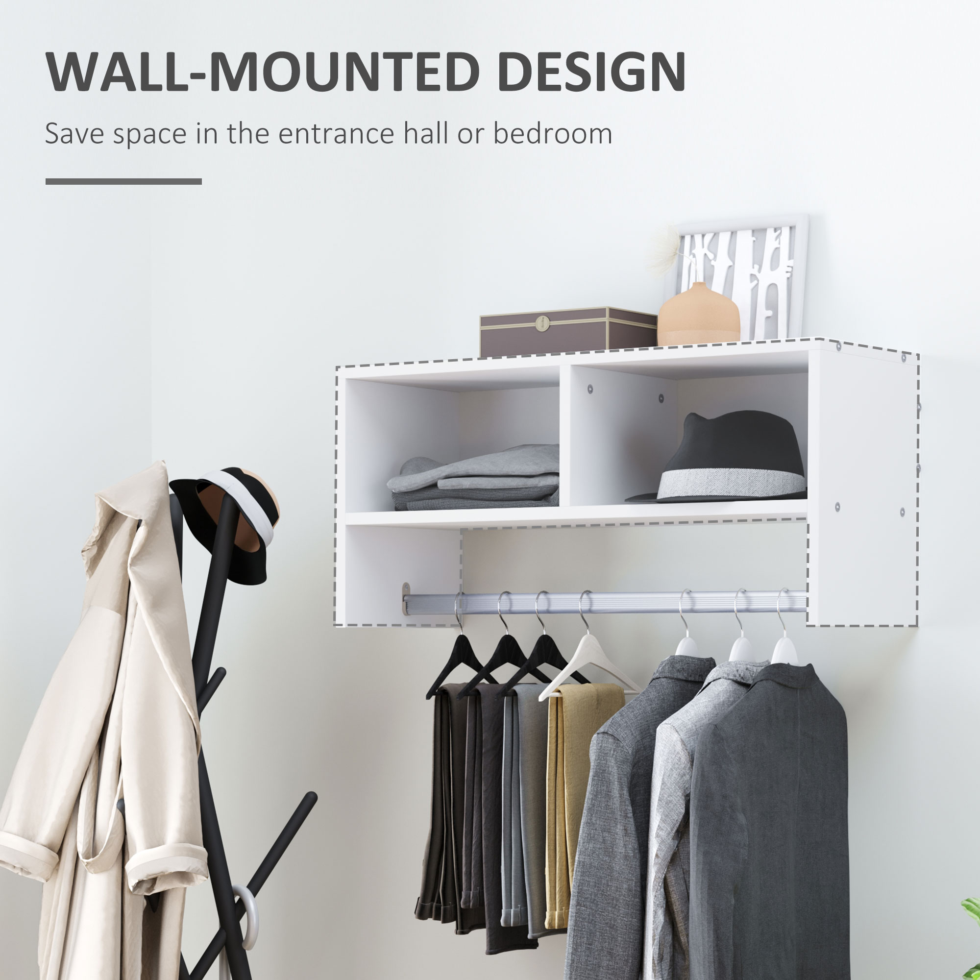 HOMCOM Wall Mounted Coat Hanger Hooks Rack Stand Hallway Coat Rack Rail & Storage Shelf Hanging Coat Organizer (White) 5