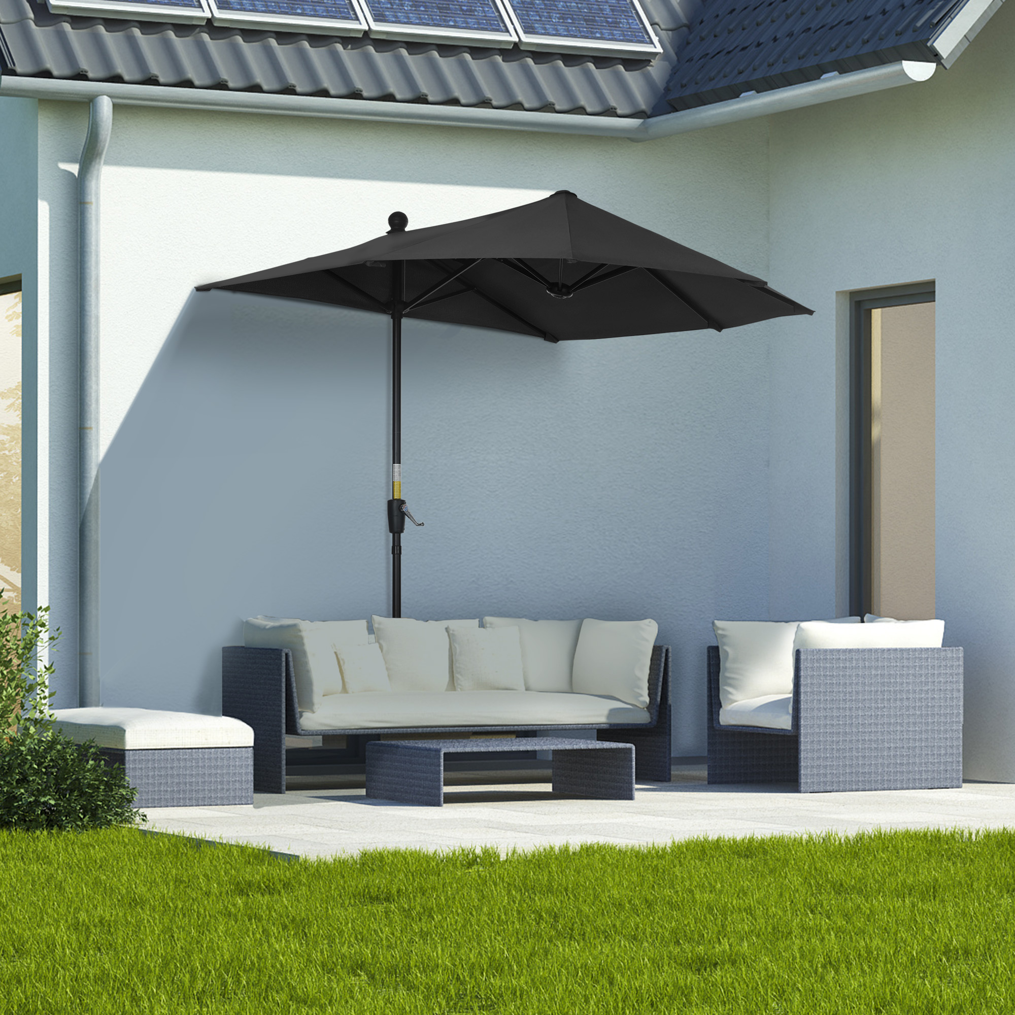 Outsunny 2m Half Parasol Market Umbrella Garden Balcony Parasol with Crank Handle, Base, Double-Sided Canopy, Black 2