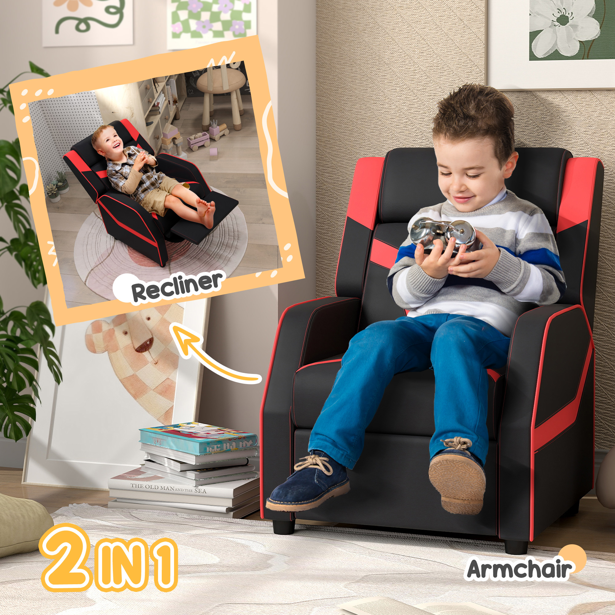 AIYAPLAY 2 in 1 Kids Chair Recliner with Backrest, Armrest, Footrest, PU Leather, for 3-9 Years Old, Black 4
