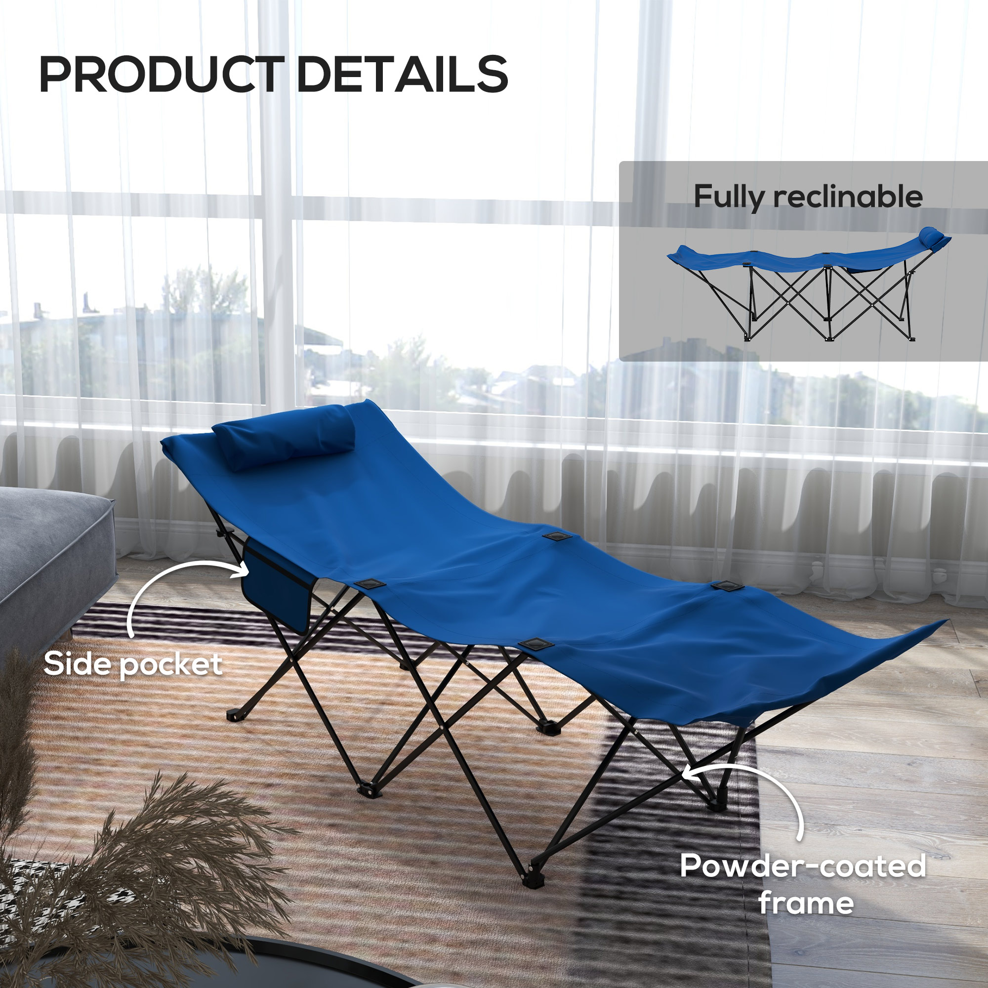 Outsunny Camping Bed for Adults, Single Folding Camp Bed, Portable Camping Cot with Side Pocket, Headrest and Oxford Seat for Outdoor, Travel, Fishing, Dark Blue 6