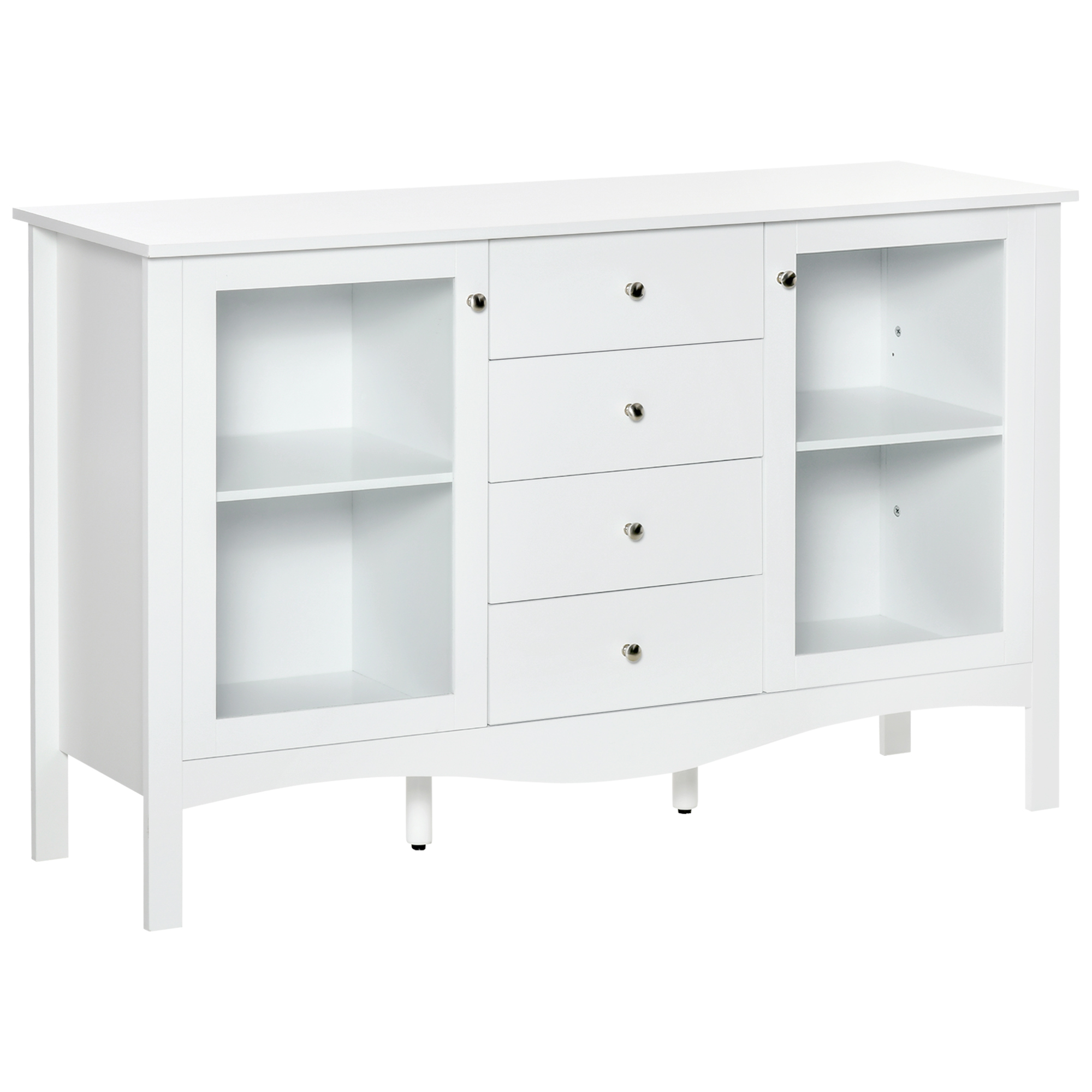 HOMCOM Aparador de Cocina Armario con 2 Puertas de Vidrio Estante Ajustable Interior y 4 Cajones para Comedor Salón 136x45x85cm Blanco | Aosom España