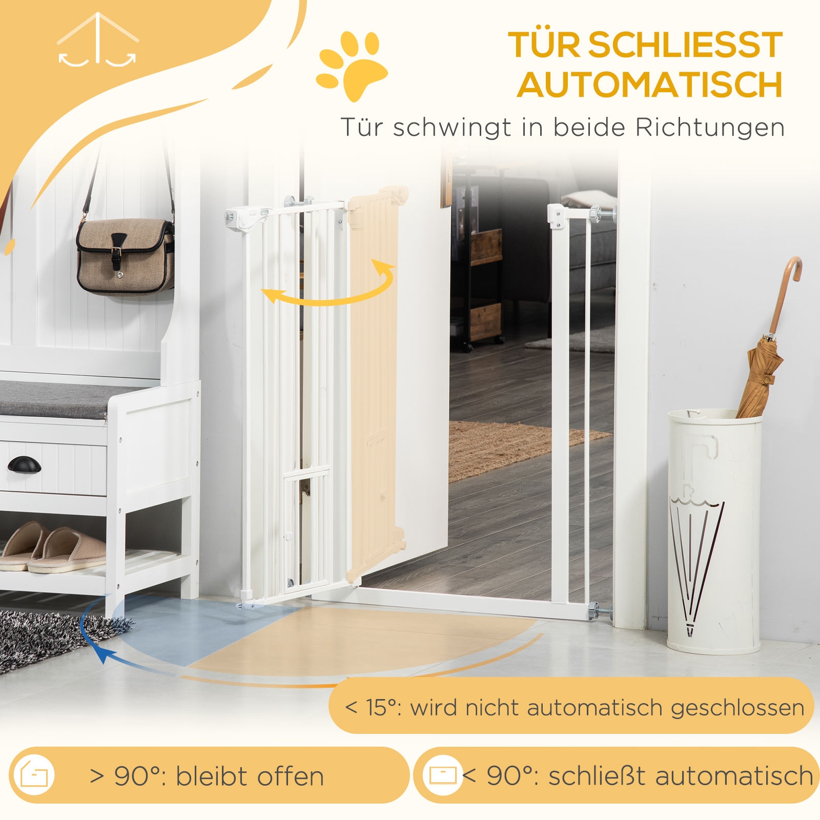 Unipaws 218 Cm Extra Hohes Katzengitter Tür Mit 3 Stützstangen Für Mehr Stabilität, Automatisches Schließen, Treppenschutzgitter Ohne Bohren Für Türen & Treppen, Passend Für 89–129,5 Cm,Schwarz