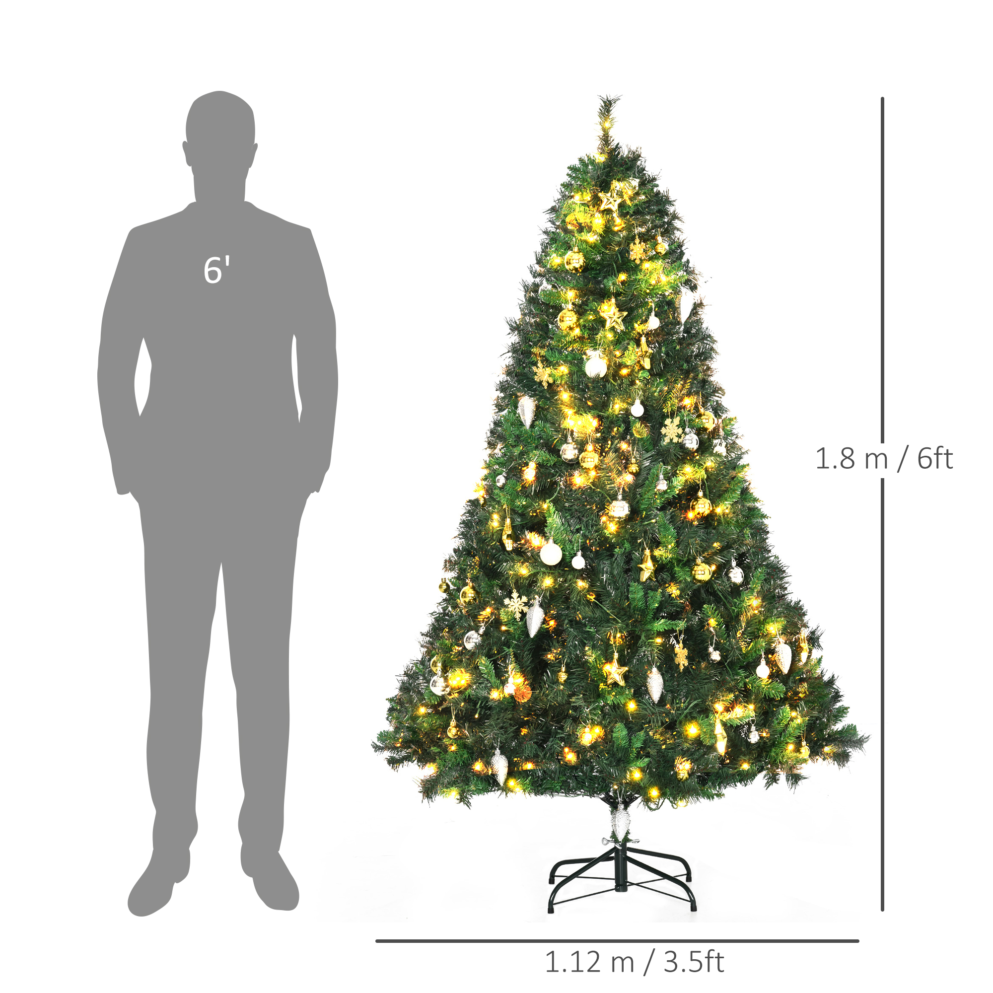 HOMCOM 1.8m 6ft Pre-Lit Artificial Christmas Tree 200 LED Xmas Tree Holiday Décor with Decorative Balls Ornament Metal Stand 3
