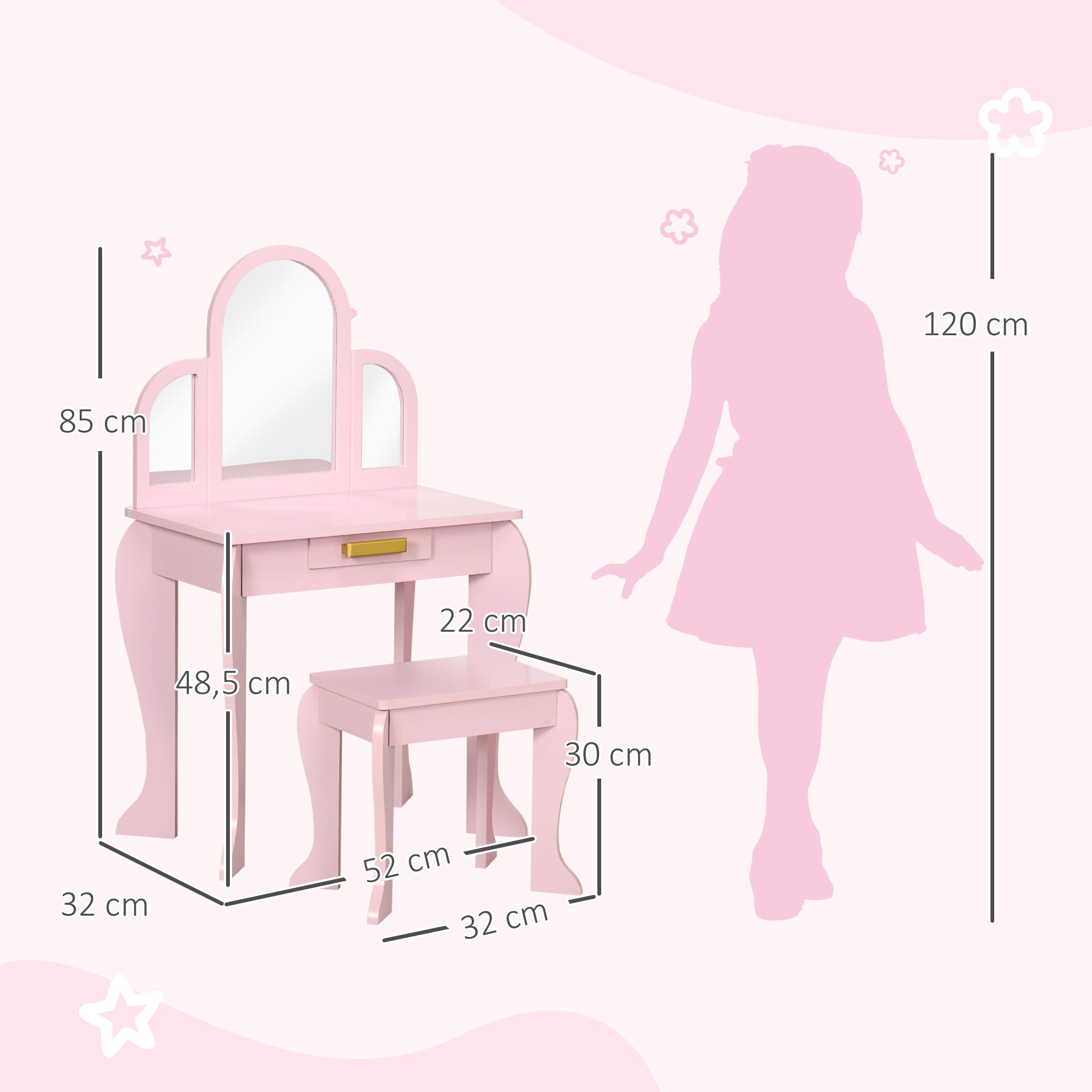 Coiffeuse Enfant AIYAPLAY Avec Tabouret, Miroir Et 4 Tiroirs - Rose - À Monter