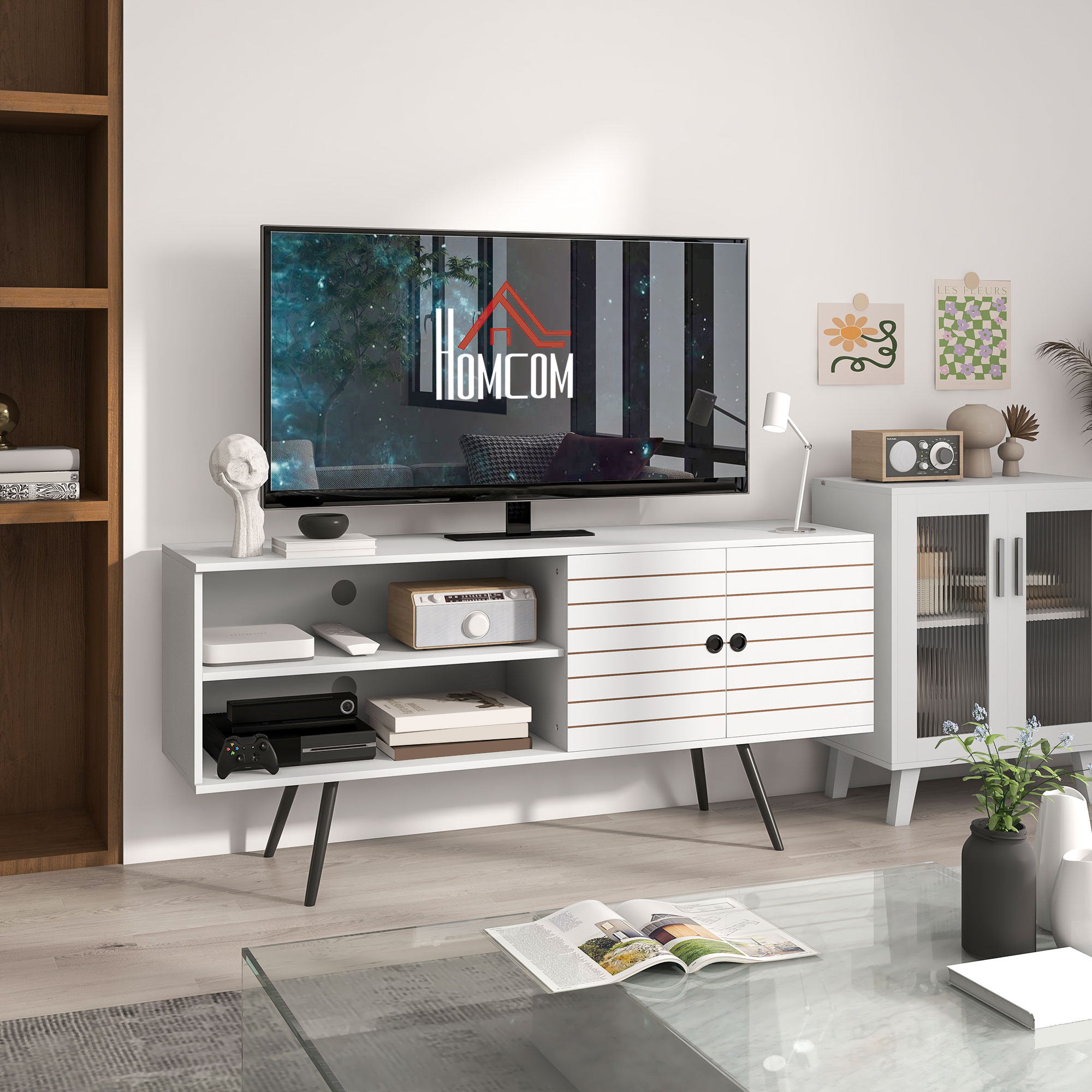 HOMCOM TV Stand with Cupboard, Open Shelves, Striped Doors, Wooden legs, White 2