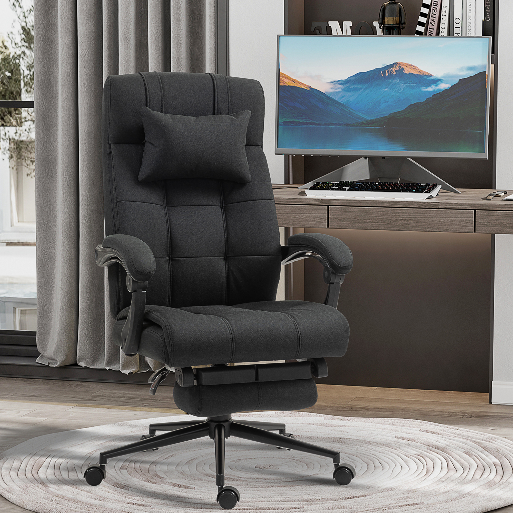 Vinsetto Office Desk Chair with Footrest, Headrest Pillow, Home Office Chair with Reclining Backrest, Swivel Wheels, Black 2