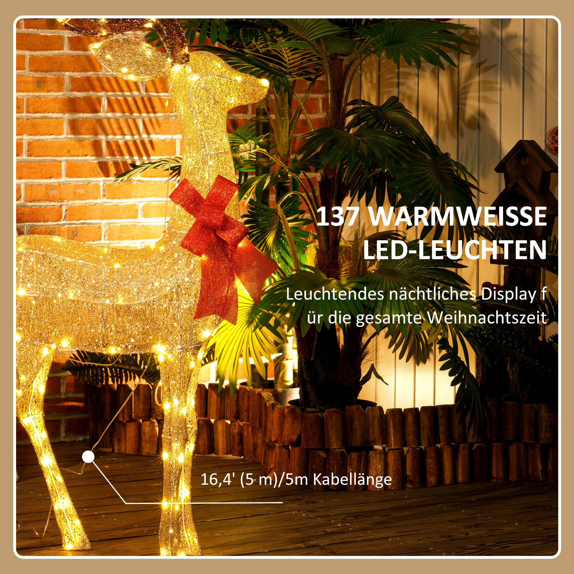 Punase lindiga põhjapõder, 137 LED-i, jõulutuled, ilmastikukindel, 66 x 25 x 135 cm, kuldne