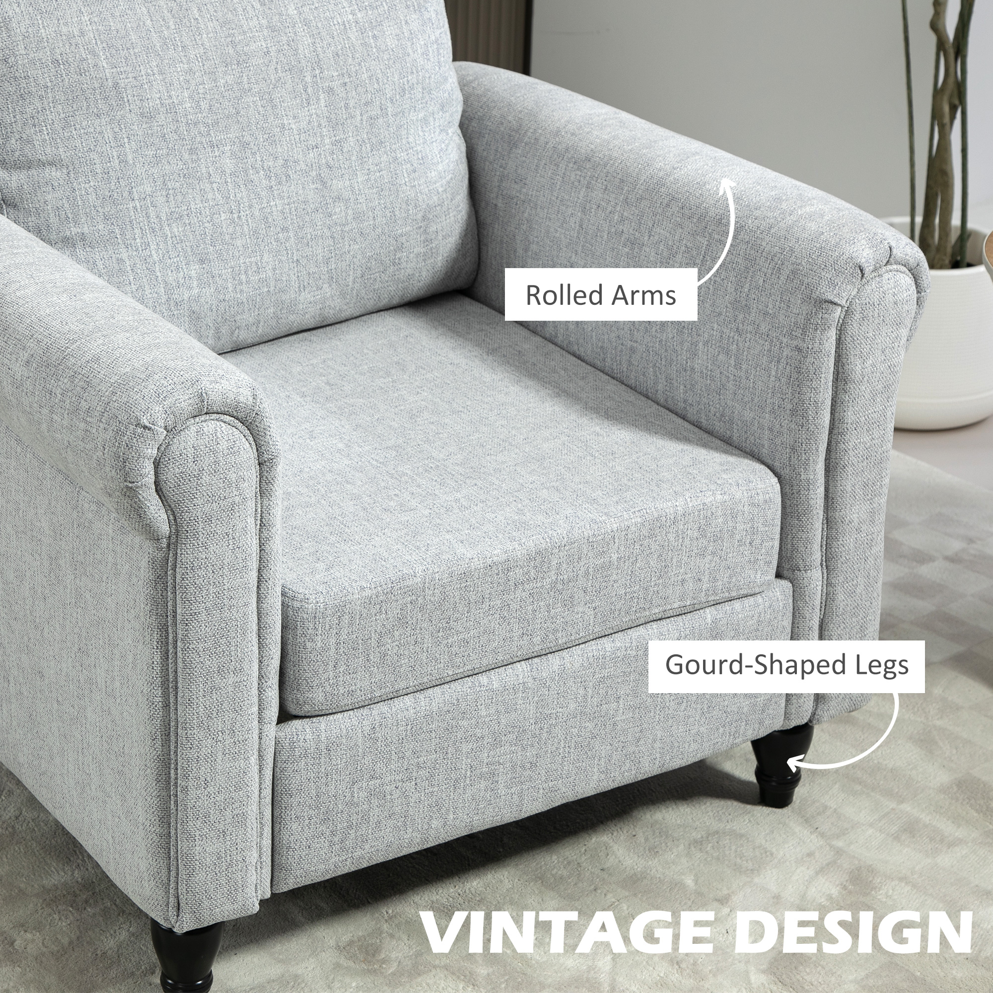 HOMCOM Vintage Accent Chair, Upholstered Occasional Chair with Back Pillow, Rolled Arms, Rubber Wood Legs, Light Grey 4