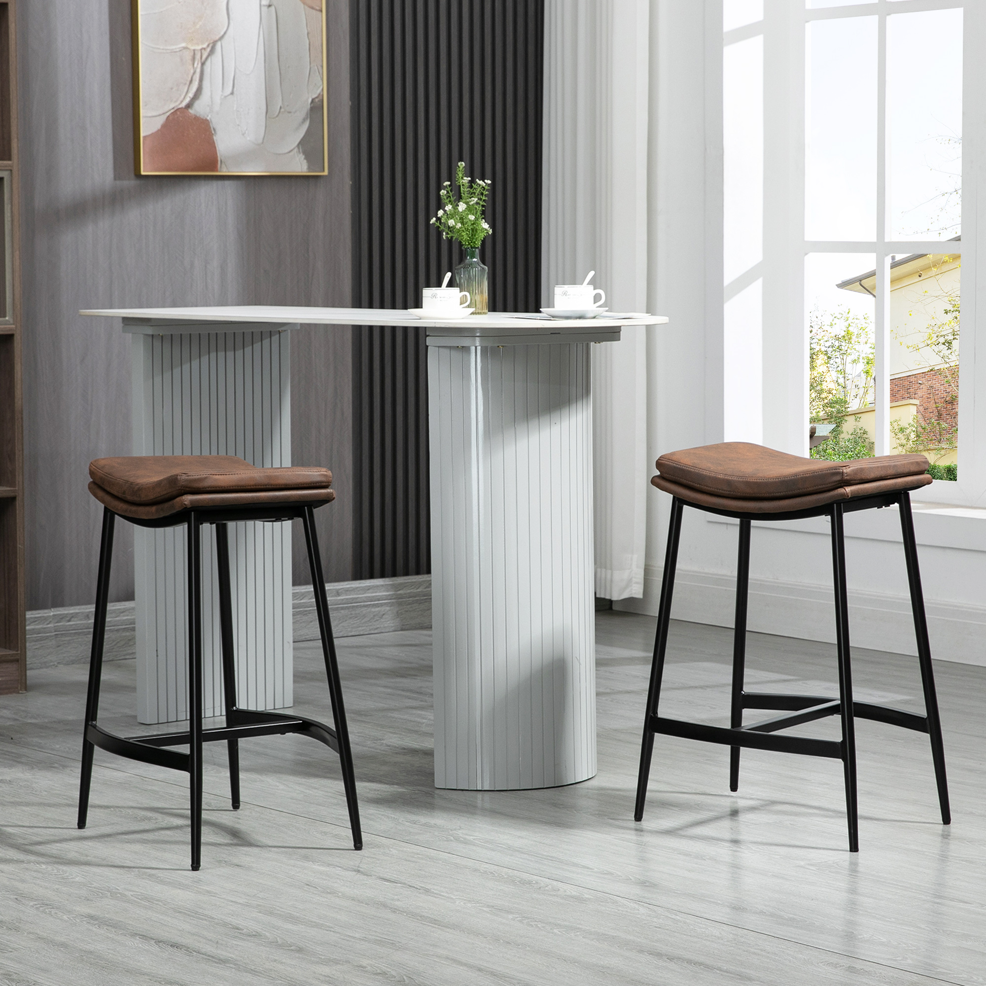 HOMCOM Breakfast Bar Stools Set of 2, Microfibre Upholstered Barstools, Industrial Bar Chairs with Curved Seat and Steel Frame for Dining Room, Kitchen, Brown 2